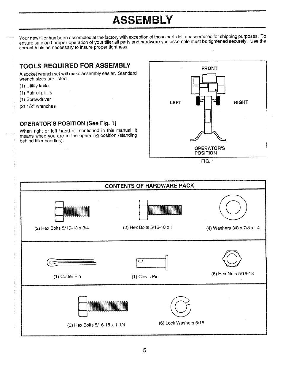 Assembly, Operator’s position (see fig. 1), Contents of hardware pack | Assembly -6, Tools required for assembly | Poulan HDF550H User Manual | Page 5 / 24