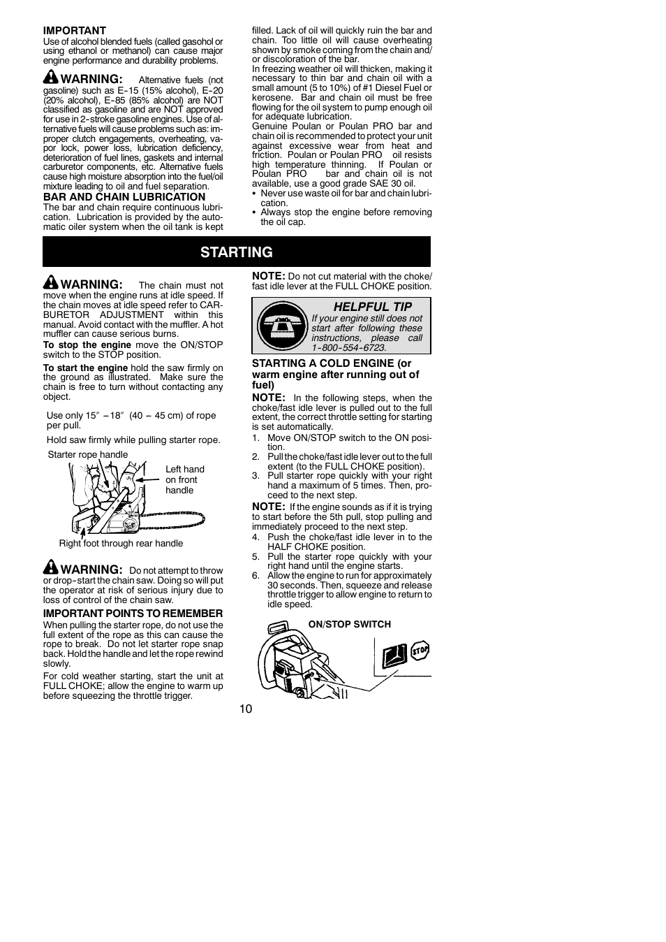 Starting, Warning, Helpful tip | Poulan 545186803 User Manual | Page 10 / 20