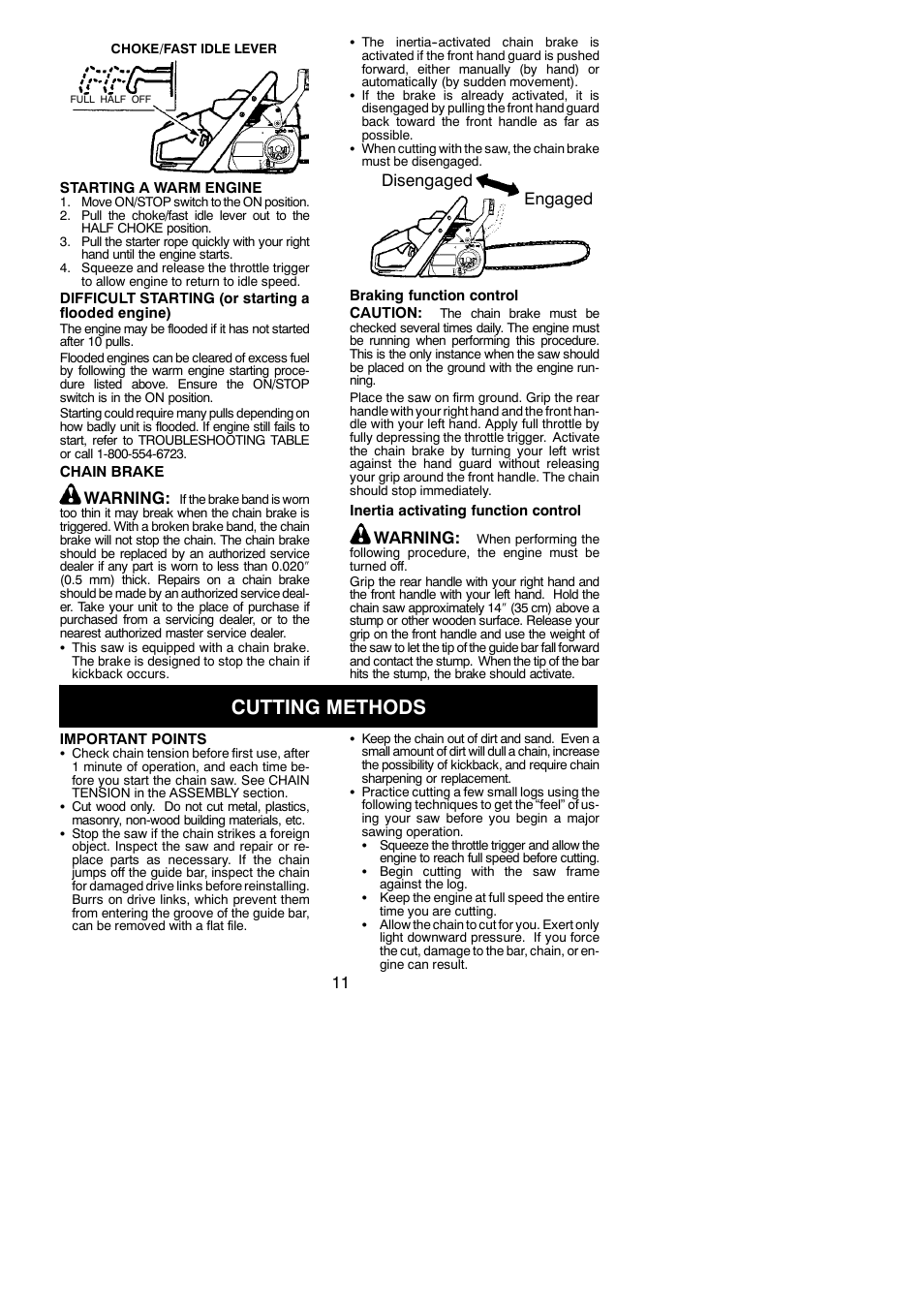 Cutting methods, Warning, Disengaged engaged | Poulan 545186803 User Manual | Page 11 / 20