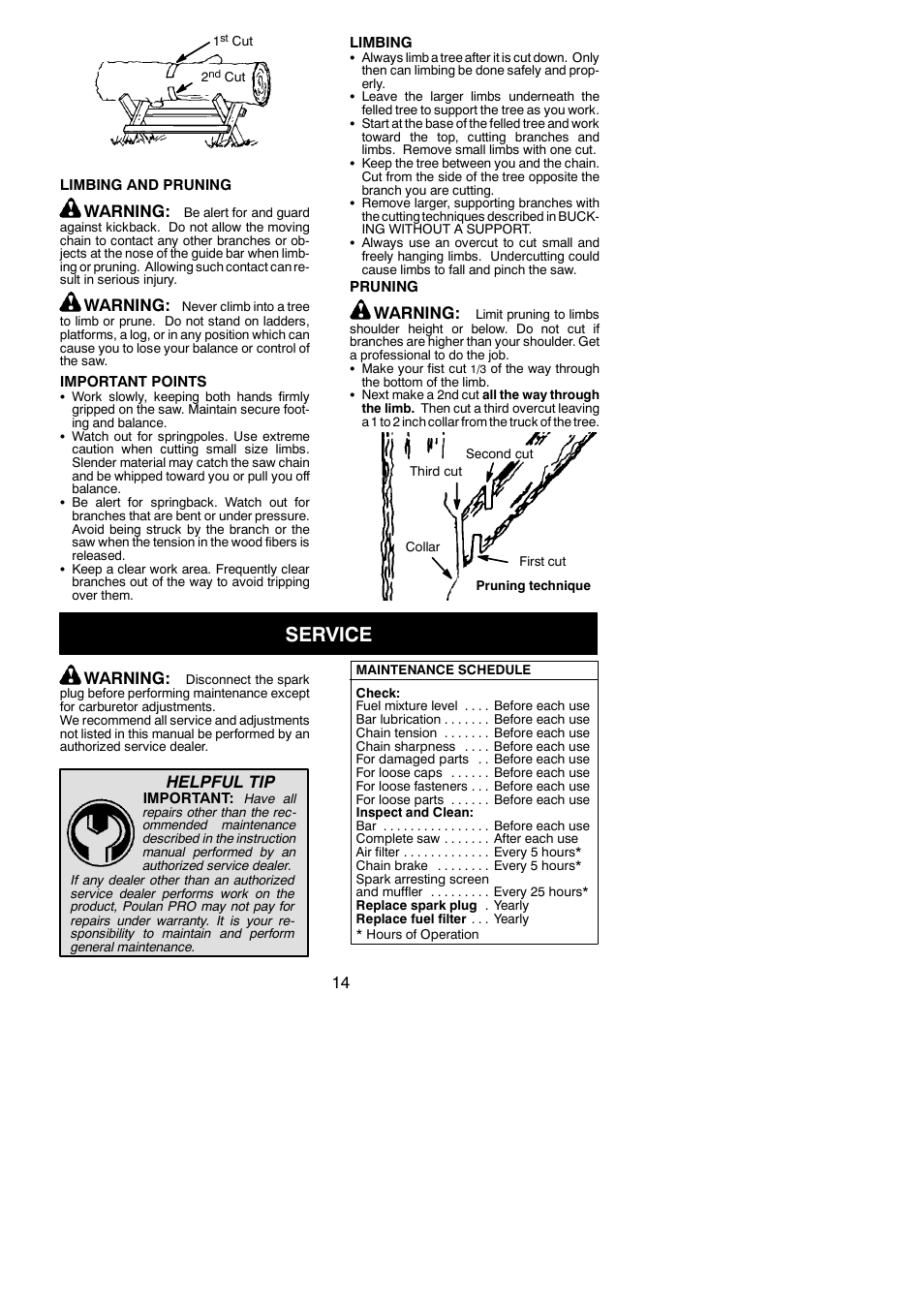 Service, Warning, Helpful tip | Poulan 545186803 User Manual | Page 14 / 20