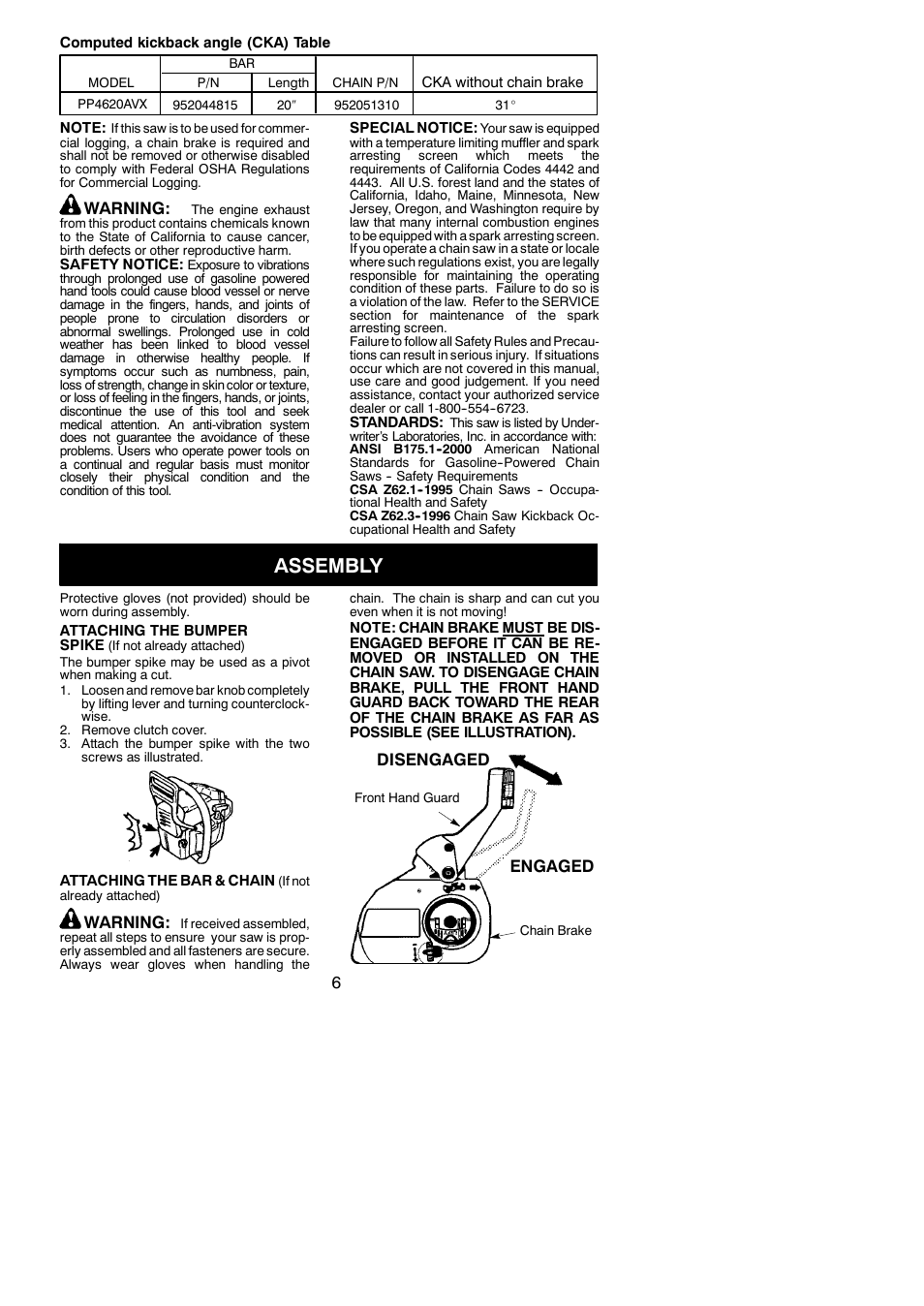 Assembly, Warning, Disengaged | Engaged | Poulan 545186803 User Manual | Page 6 / 20