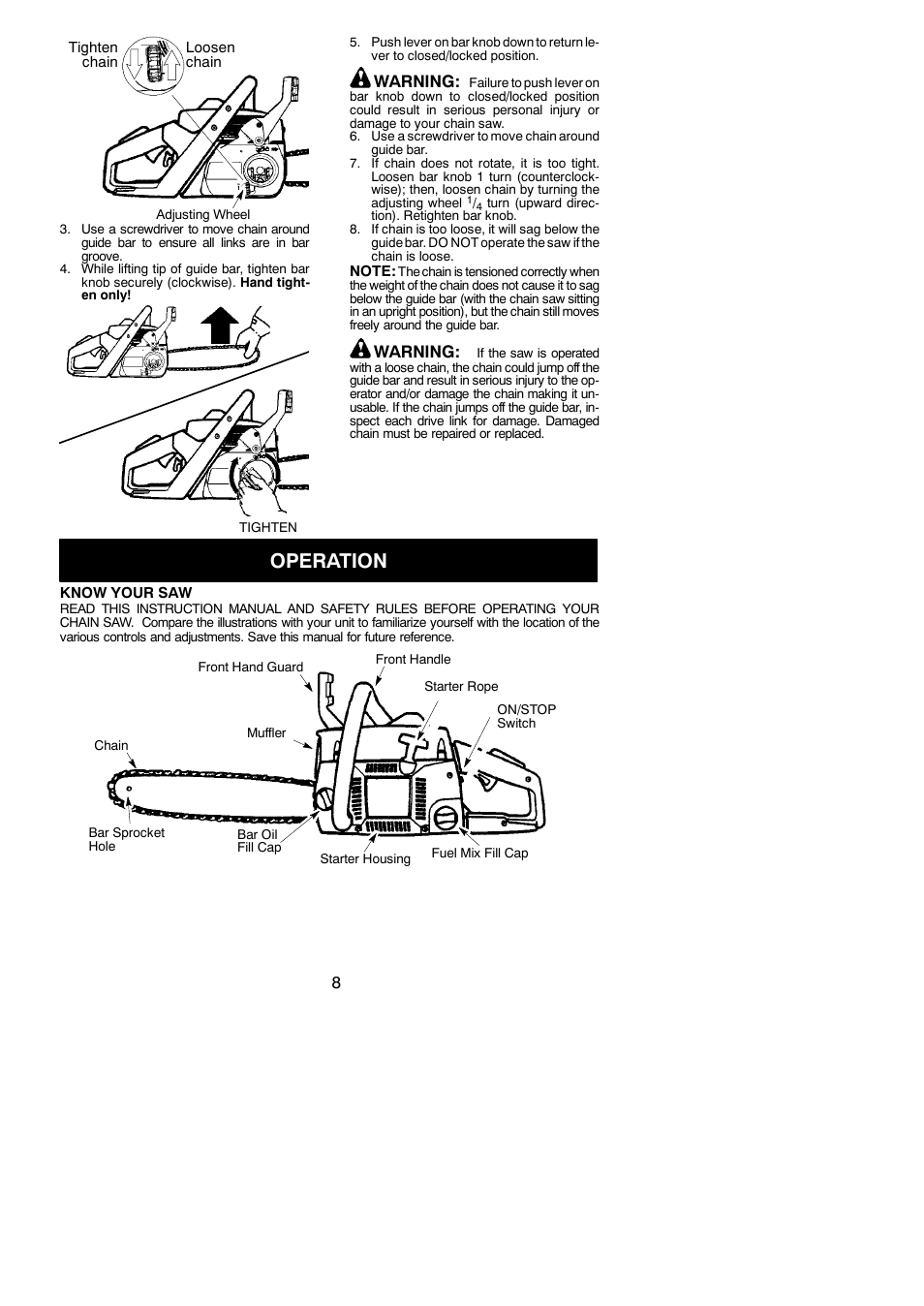 Operation, Warning | Poulan 545186803 User Manual | Page 8 / 20