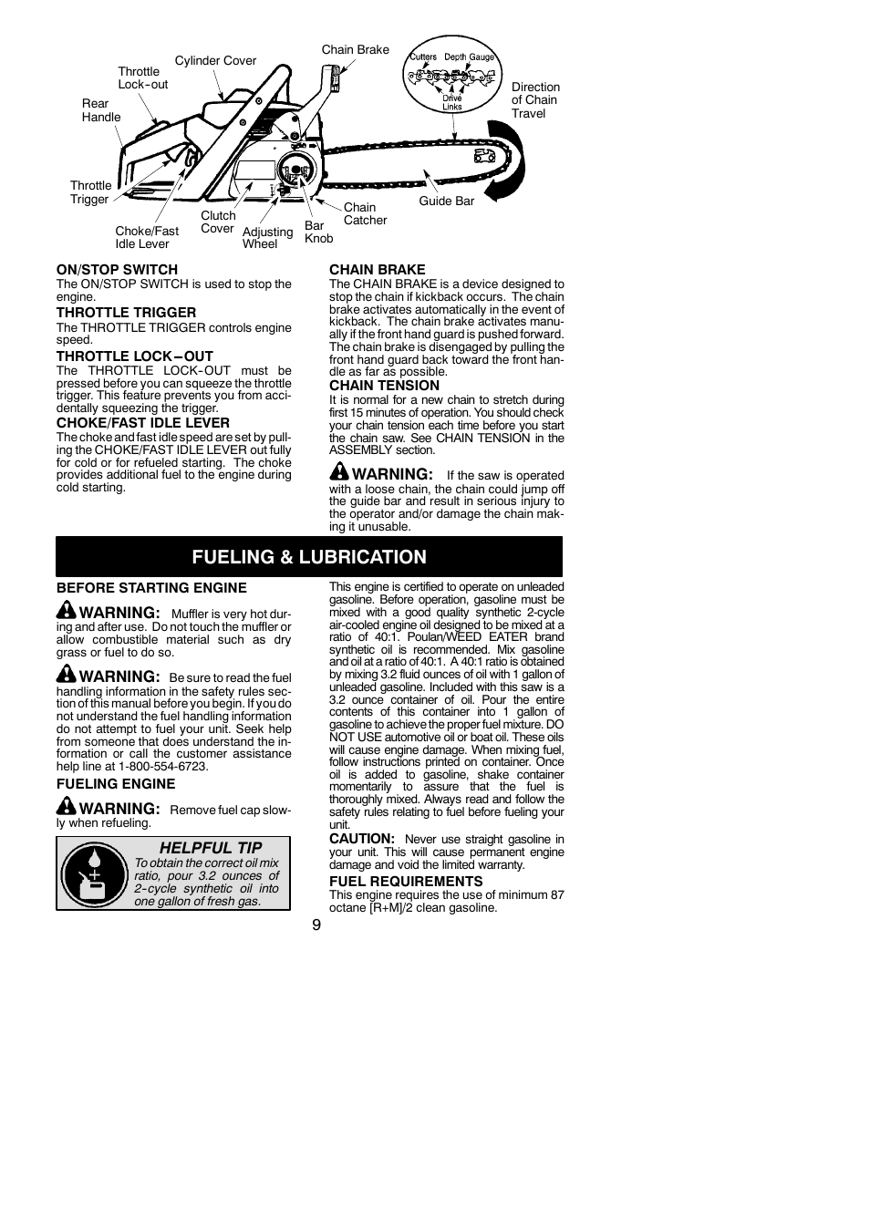 Fueling & lubrication, Warning, Helpful tip | Poulan 545186803 User Manual | Page 9 / 20