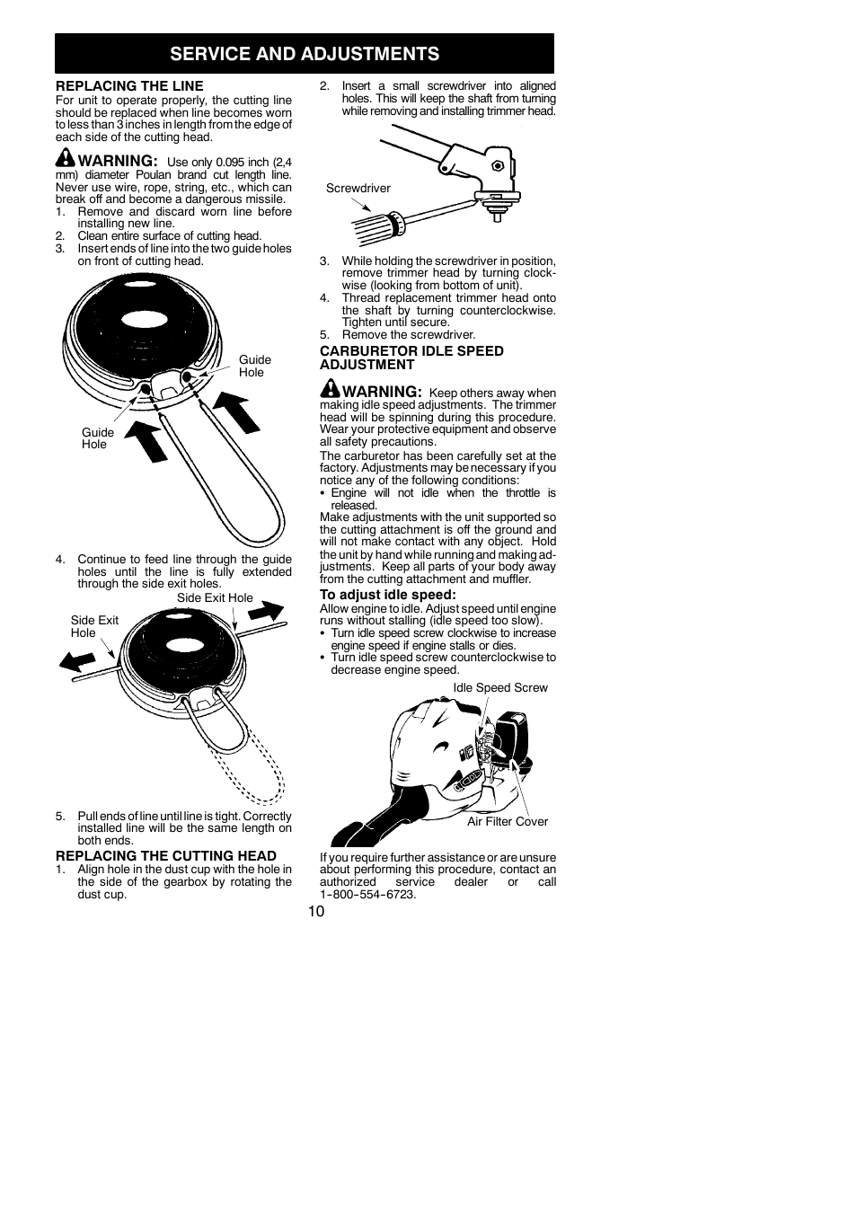 Service and adjustments, Warning | Poulan 545186897 User Manual | Page 10 / 14