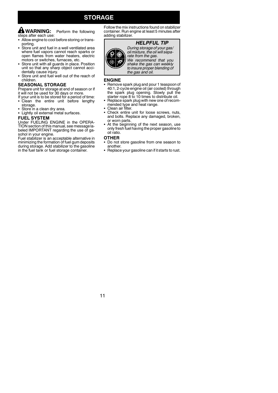 Storage, Warning, Helpful tip | Poulan 545186897 User Manual | Page 11 / 14