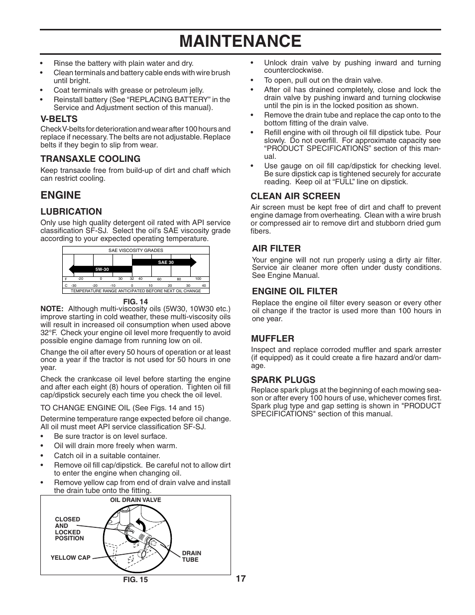 Maintenance, Engine, V-belts | Transaxle cooling, Lubrication, Clean air screen, Air filter, Engine oil filter, Muffler, Spark plugs | Poulan 188737 User Manual | Page 17 / 48