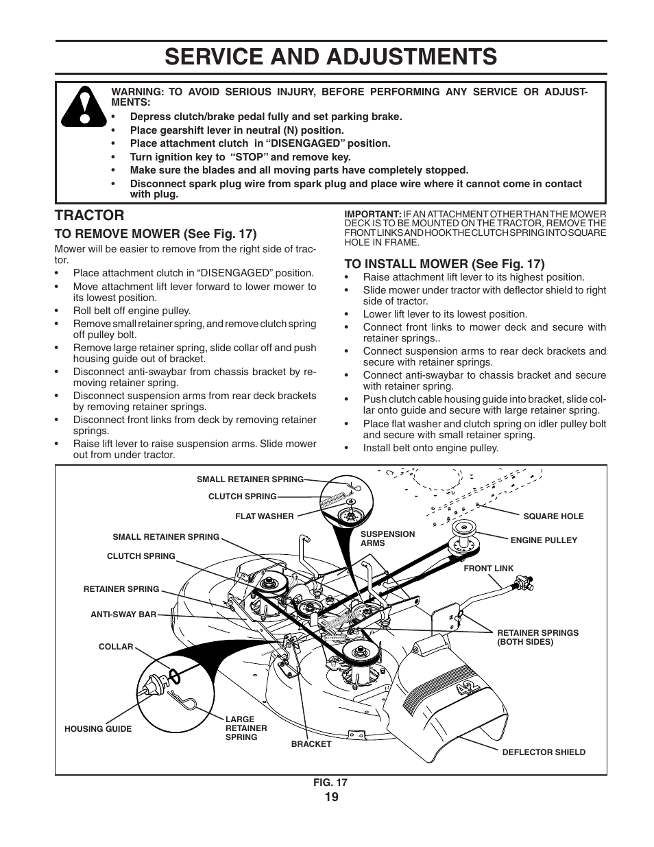 Service and adjustments, Tractor | Poulan 188737 User Manual | Page 19 / 48