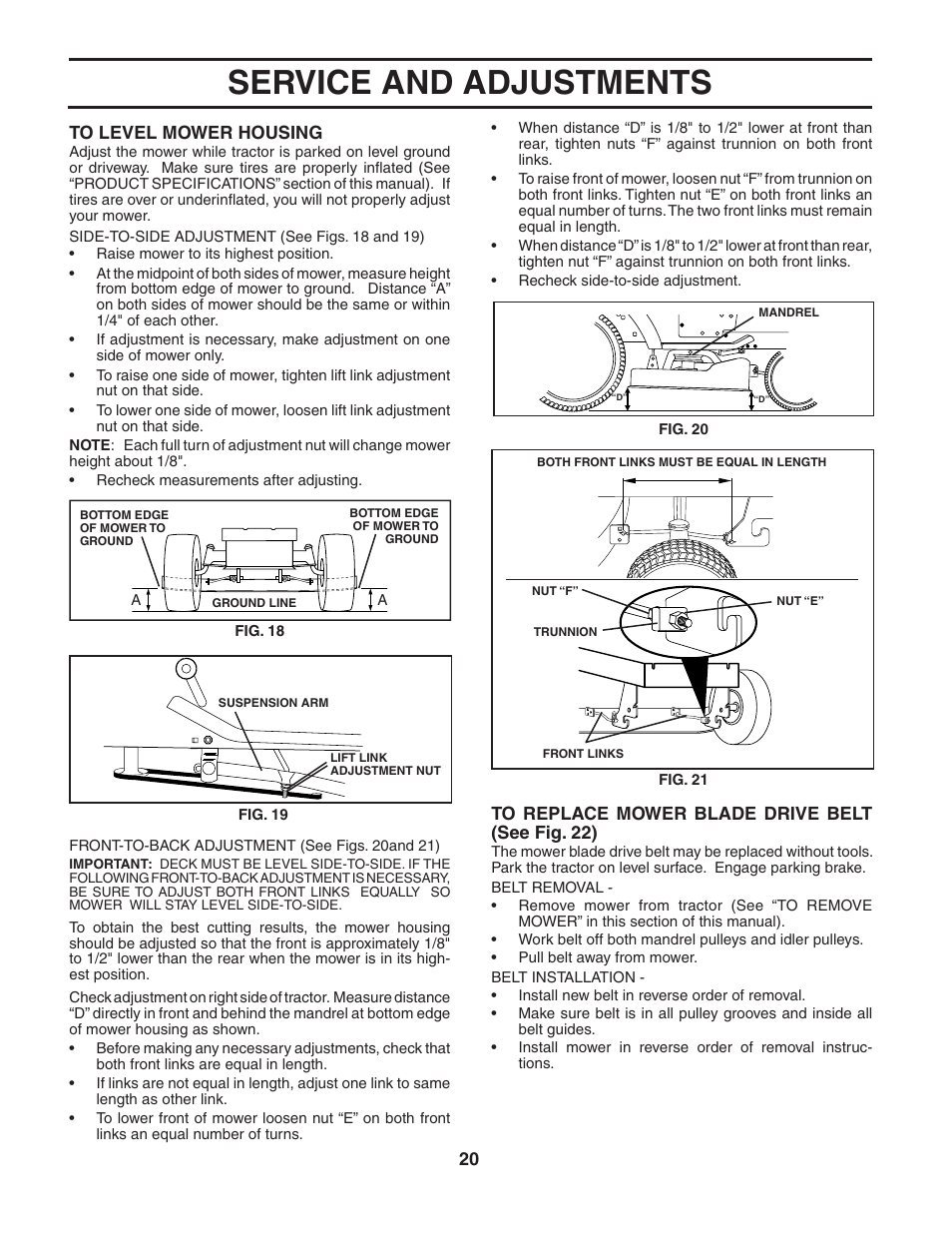 Service and adjustments, 20 to replace mower blade drive belt (see fig. 22) | Poulan 188737 User Manual | Page 20 / 48
