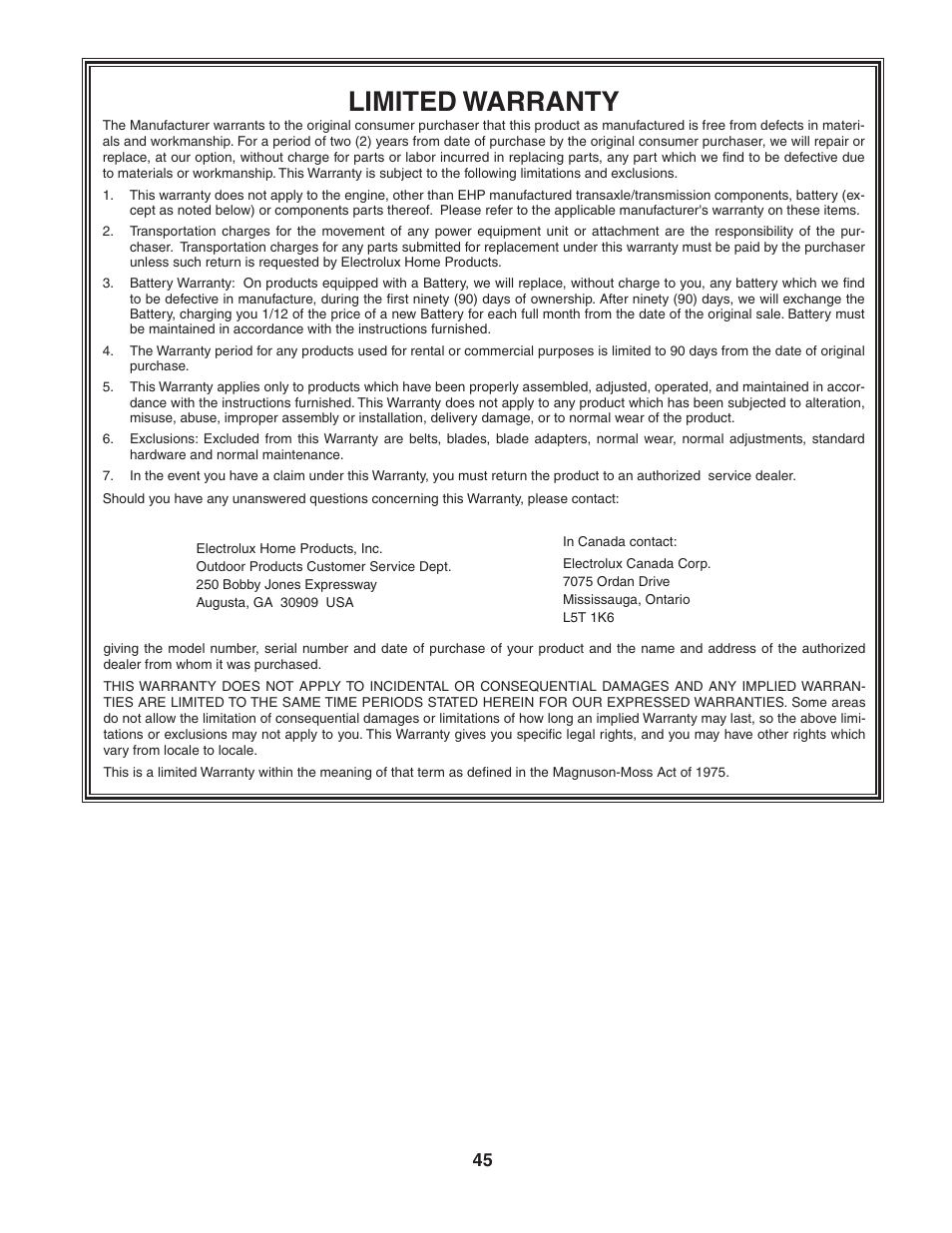 Limited warranty | Poulan 188737 User Manual | Page 45 / 48