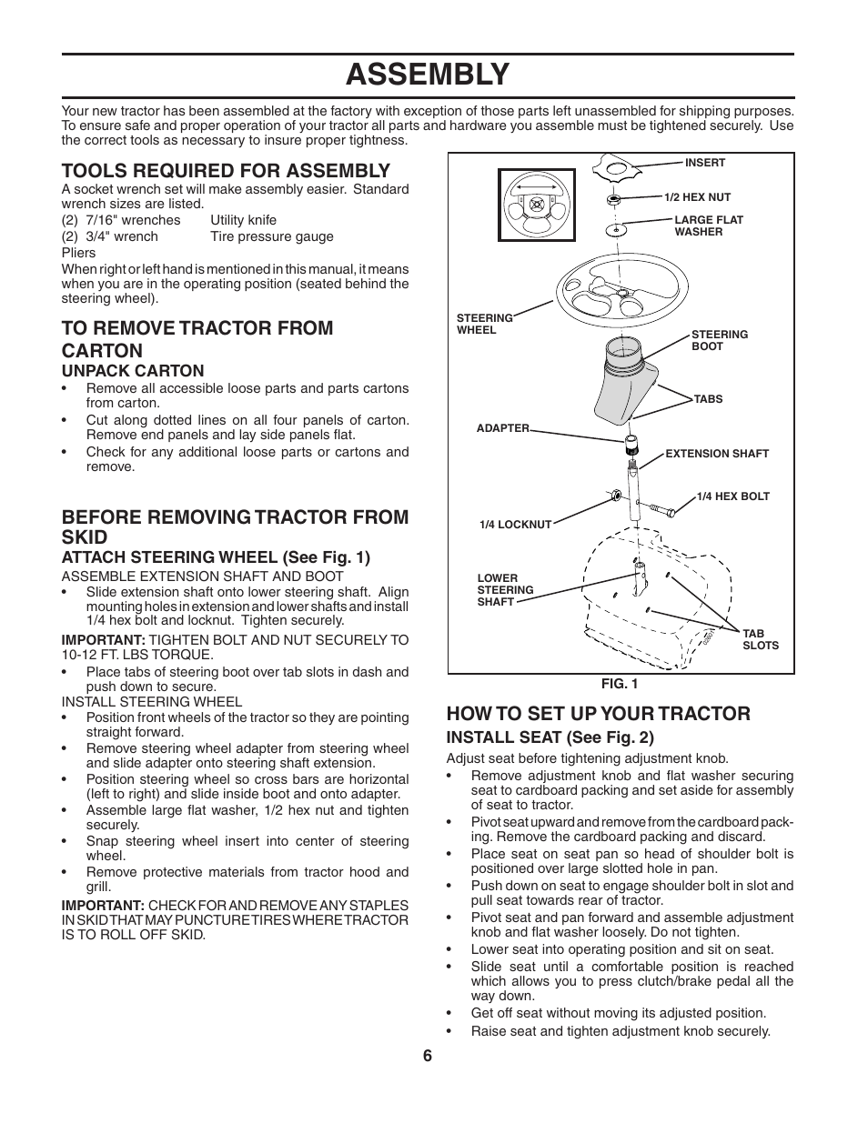 Assembly, Tools required for assembly, Before removing tractor from skid | How to set up your tractor | Poulan 188737 User Manual | Page 6 / 48