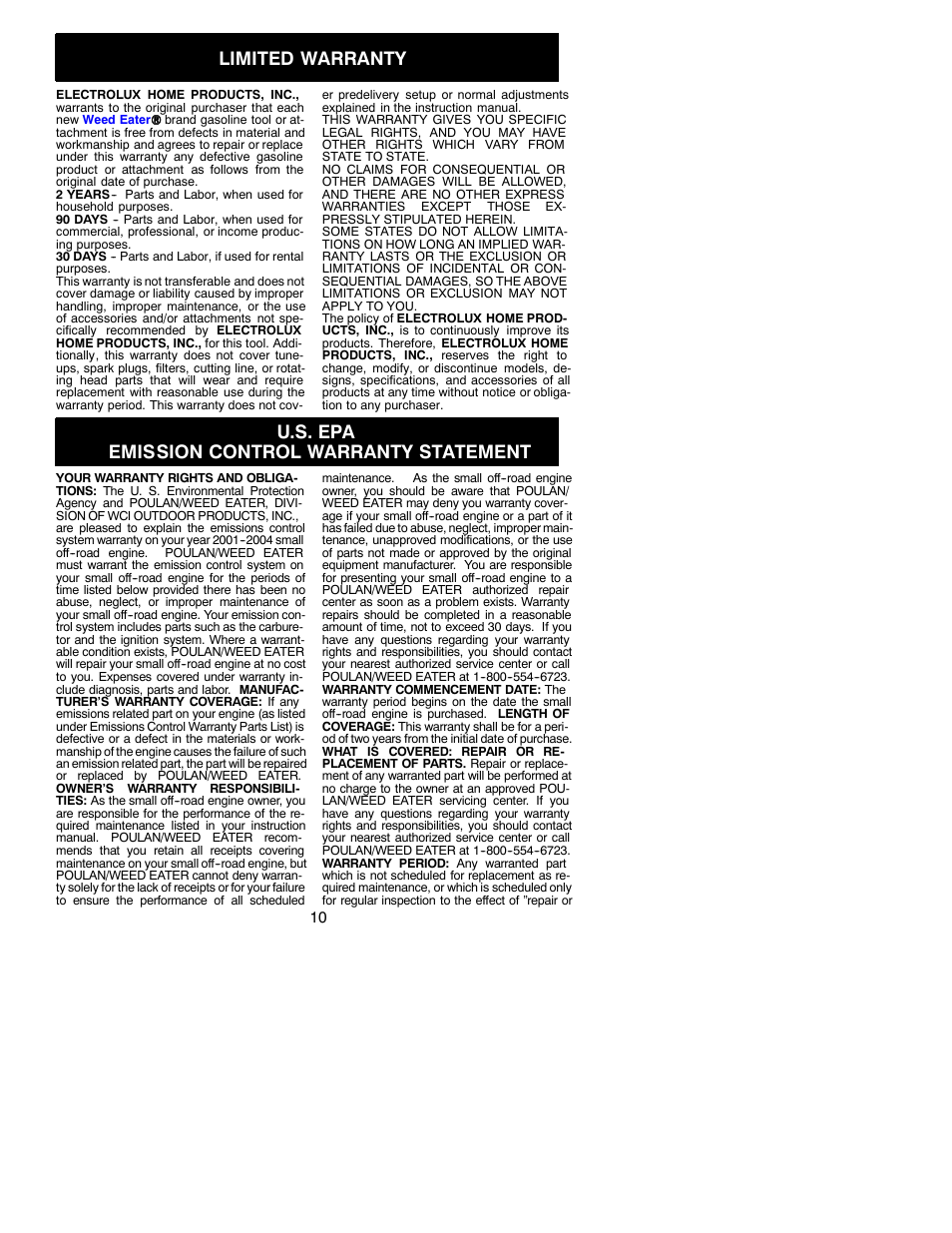 Limited warranty, U.s. epa emission control warranty statement | Poulan PL500 User Manual | Page 10 / 11