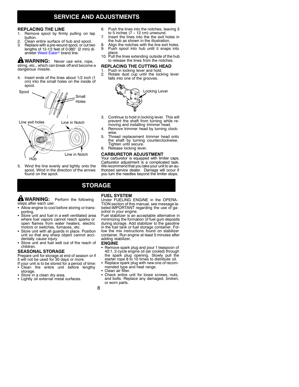 Service and adjustments, Storage | Poulan PL500 User Manual | Page 8 / 11