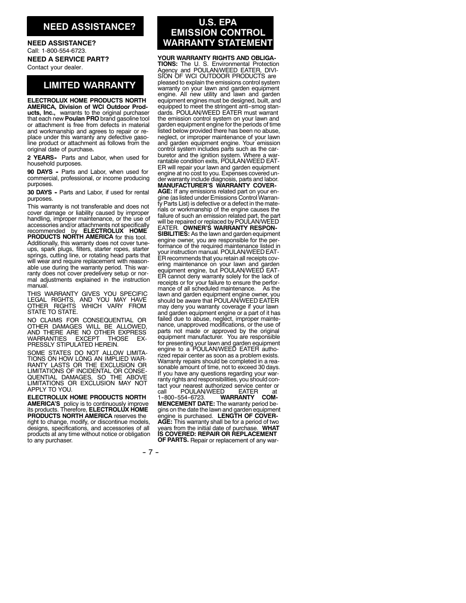 Need assistance, Limited warranty, U.s. epa emission control warranty statement | Poulan 530088741 User Manual | Page 7 / 8