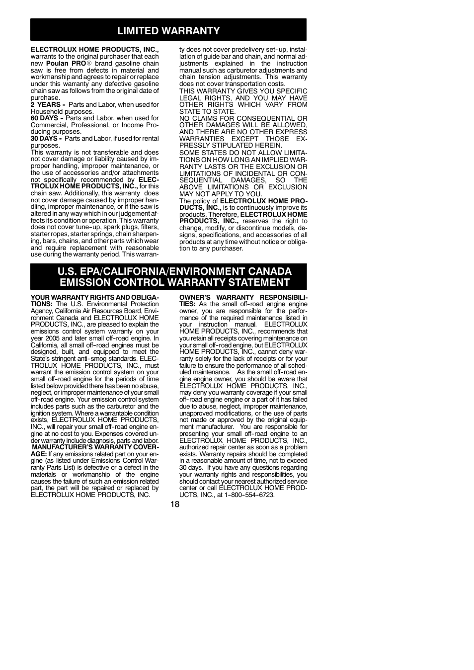 Limited warranty, Emission control warranty | Poulan Pro PP3516 User Manual | Page 18 / 19