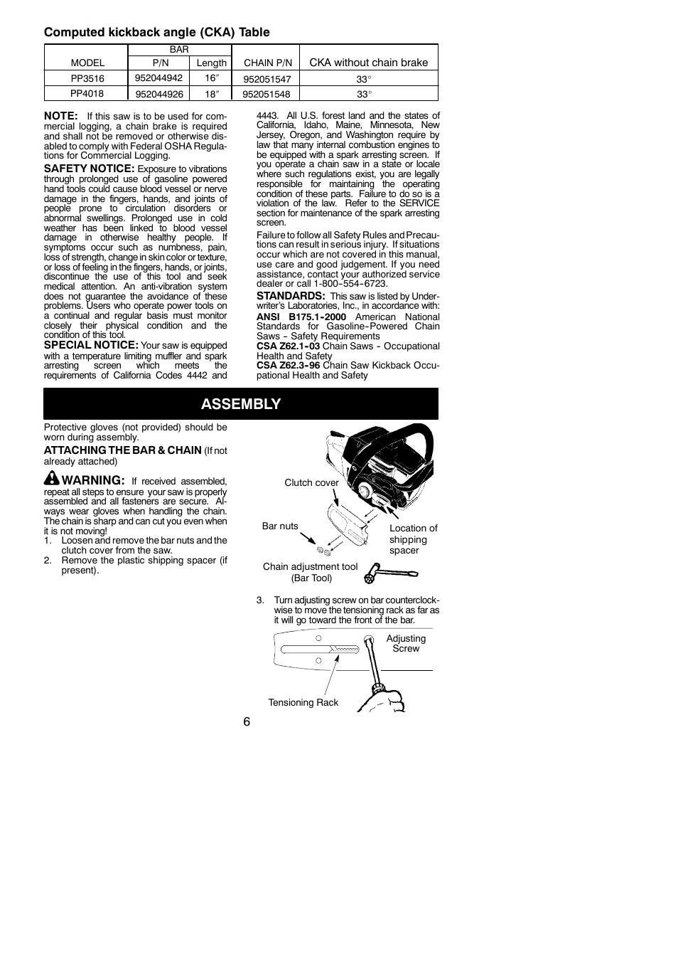 Assembly, 6computed kickback angle (cka) table, Warning | Poulan Pro PP3516 User Manual | Page 6 / 19