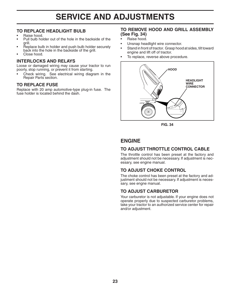 Service and adjustments, Engine | Poulan 402557 User Manual | Page 23 / 30
