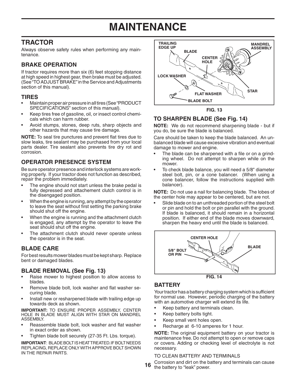 Maintenance, Tractor | Poulan 190944 User Manual | Page 16 / 48