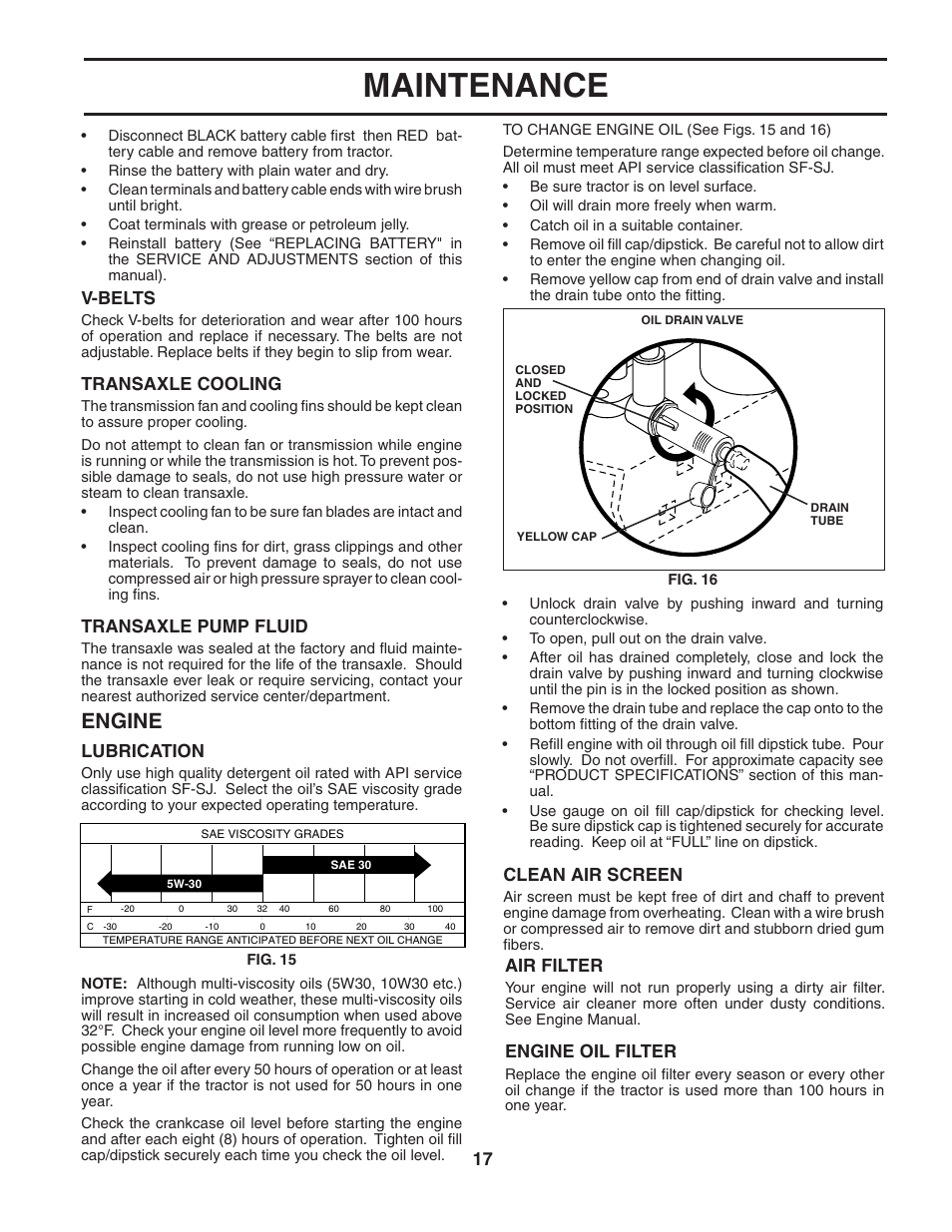 Maintenance, Engine, V-belts | Transaxle cooling, Transaxle pump fluid, Lubrication, Clean air screen, Air filter, Engine oil filter | Poulan 190944 User Manual | Page 17 / 48
