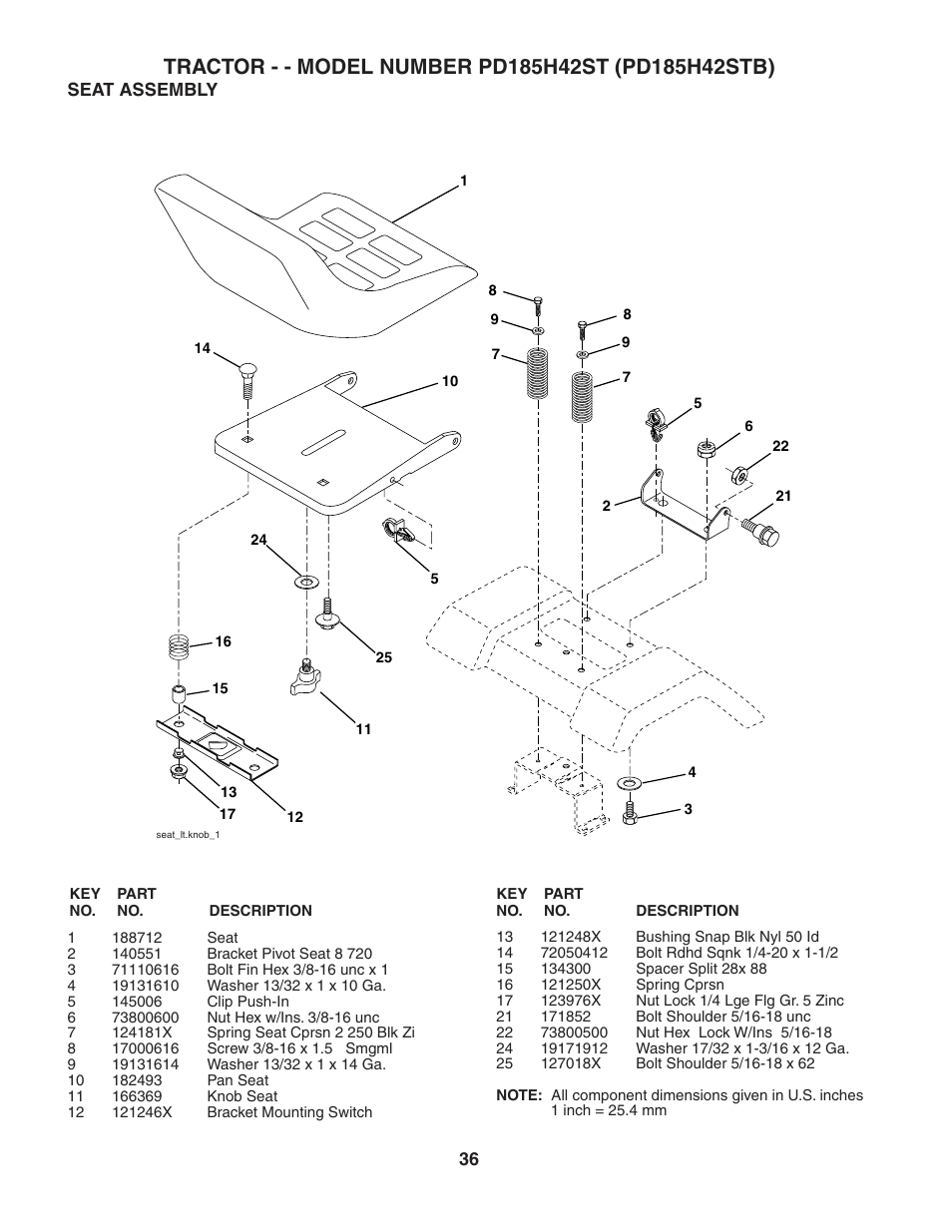 Seat assembly | Poulan 190944 User Manual | Page 36 / 48
