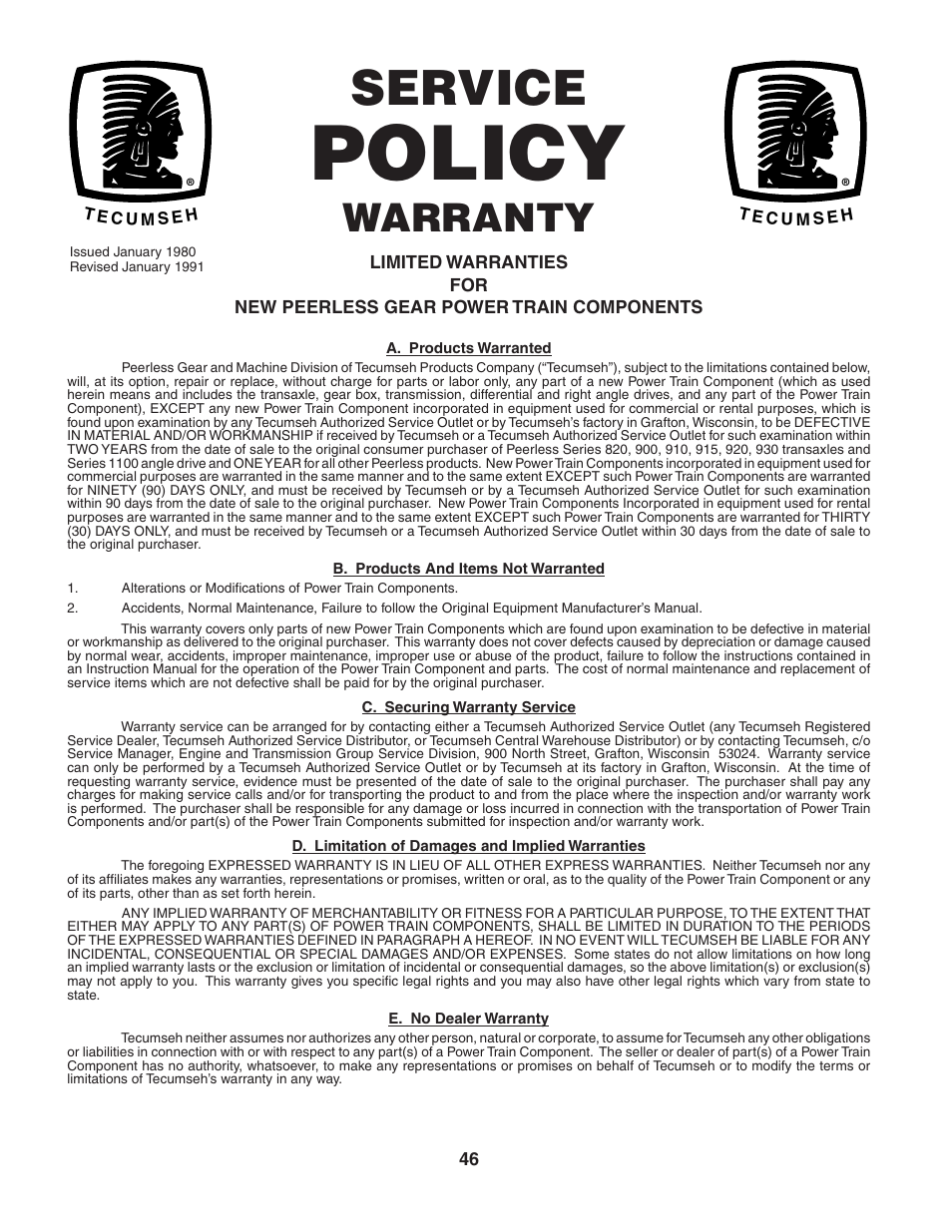 Policy, Service, Warranty | Poulan 190944 User Manual | Page 46 / 48