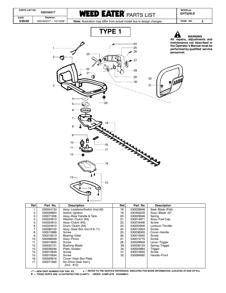 Type 1, Poulan parts list, Poulan pro parts list paramount parts list | Parts list | Poulan GHT225LE User Manual | Page 4 / 7