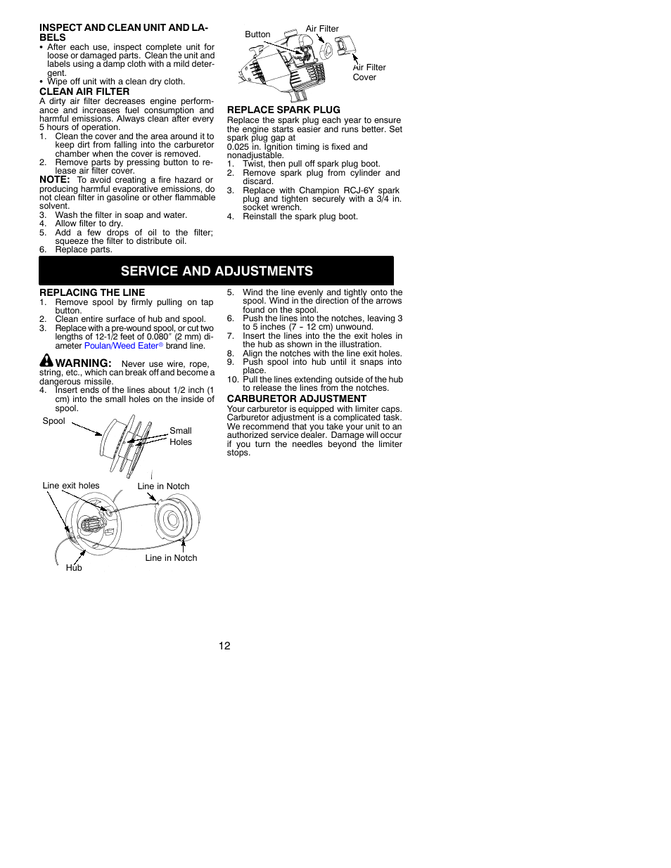 Service and adjustments | Poulan 530088155 User Manual | Page 12 / 16