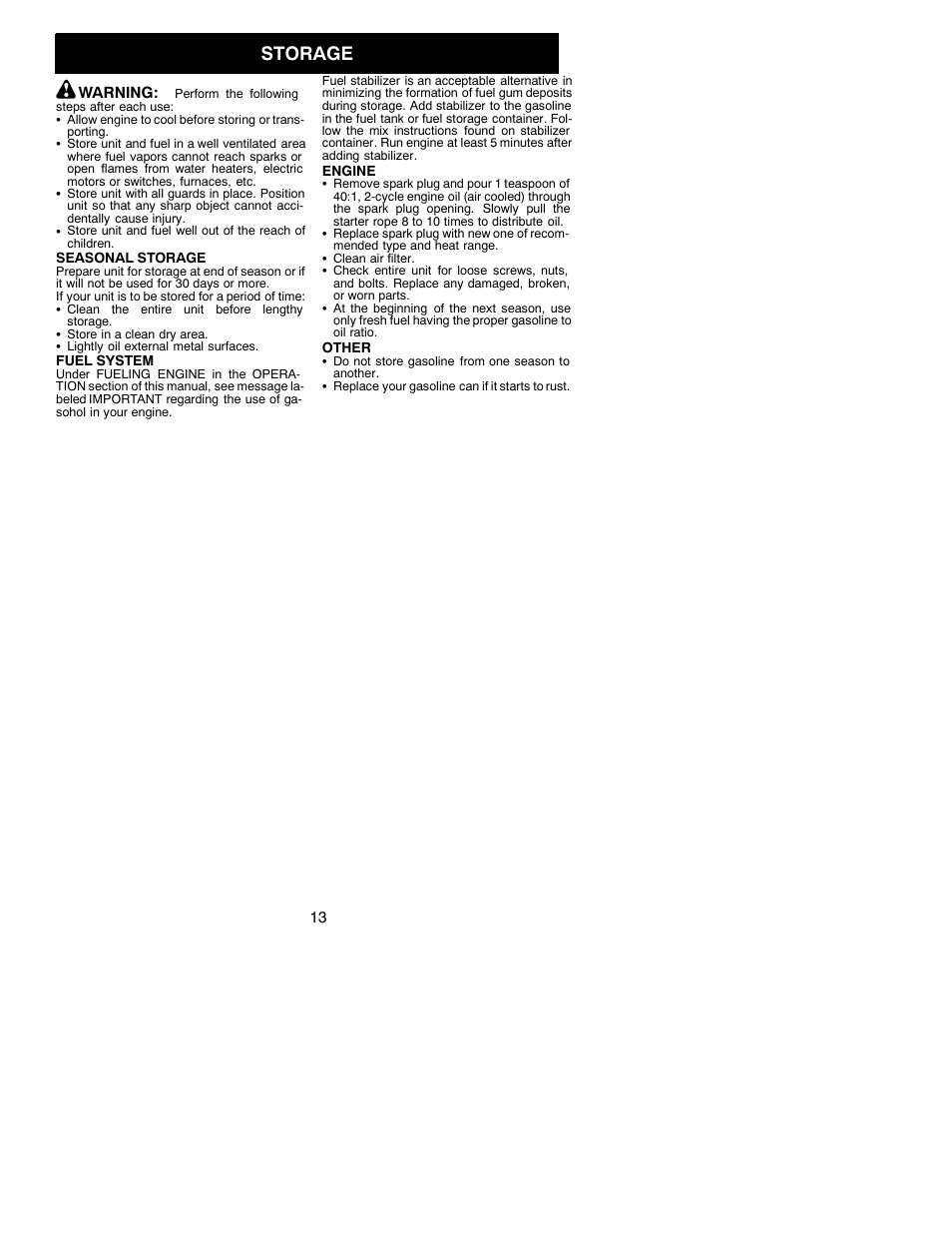 Storage | Poulan 530088155 User Manual | Page 13 / 16