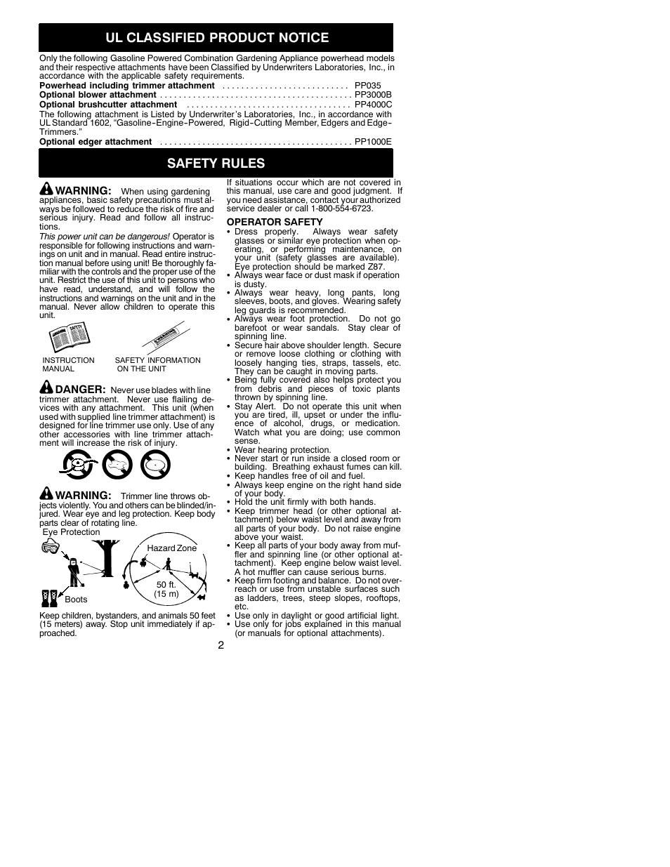 Ul classified product notice, Safety rules | Poulan 530088155 User Manual | Page 2 / 16