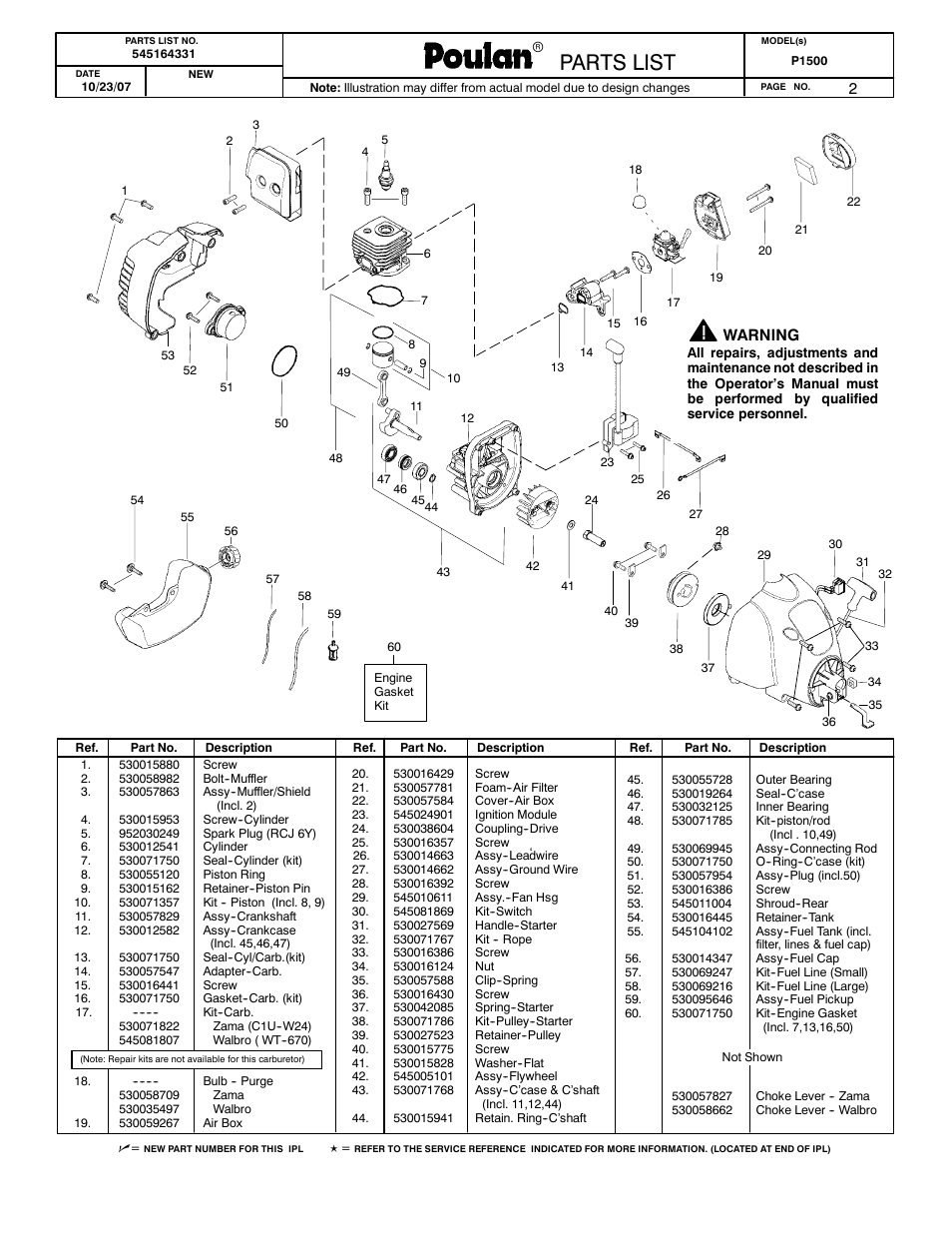 Poulan parts list, Poulan pro parts list paramount parts list, Parts list | Poulan 545164331 User Manual | Page 2 / 2