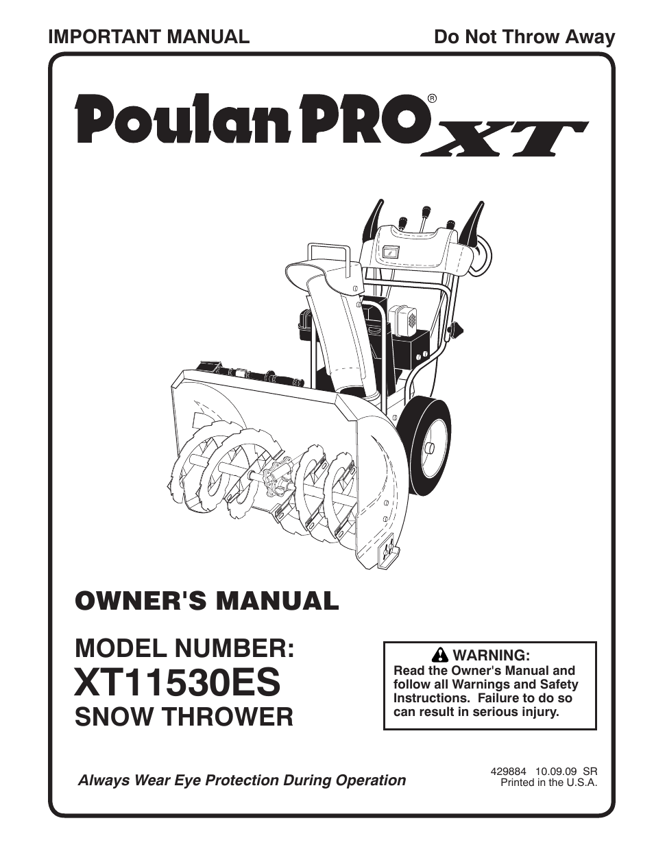 Poulan Pro XT11530ES SNOW THROWER User Manual | 44 pages
