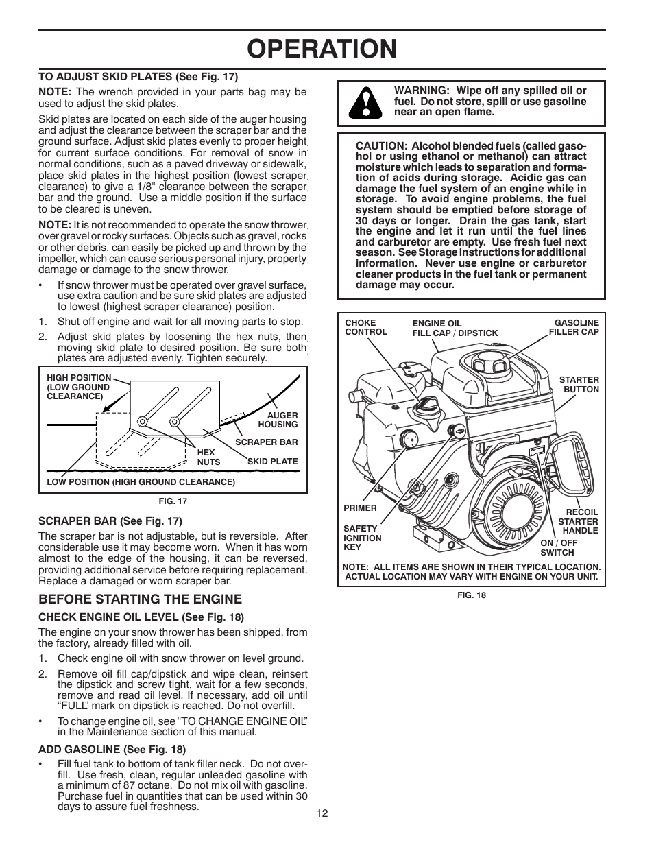 Operation, Before starting the engine | Poulan Pro XT11530ES SNOW THROWER User Manual | Page 12 / 44