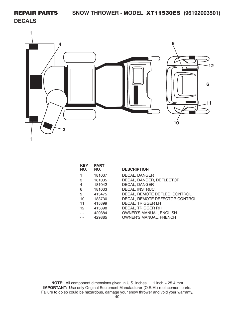 Poulan Pro XT11530ES SNOW THROWER User Manual | Page 40 / 44