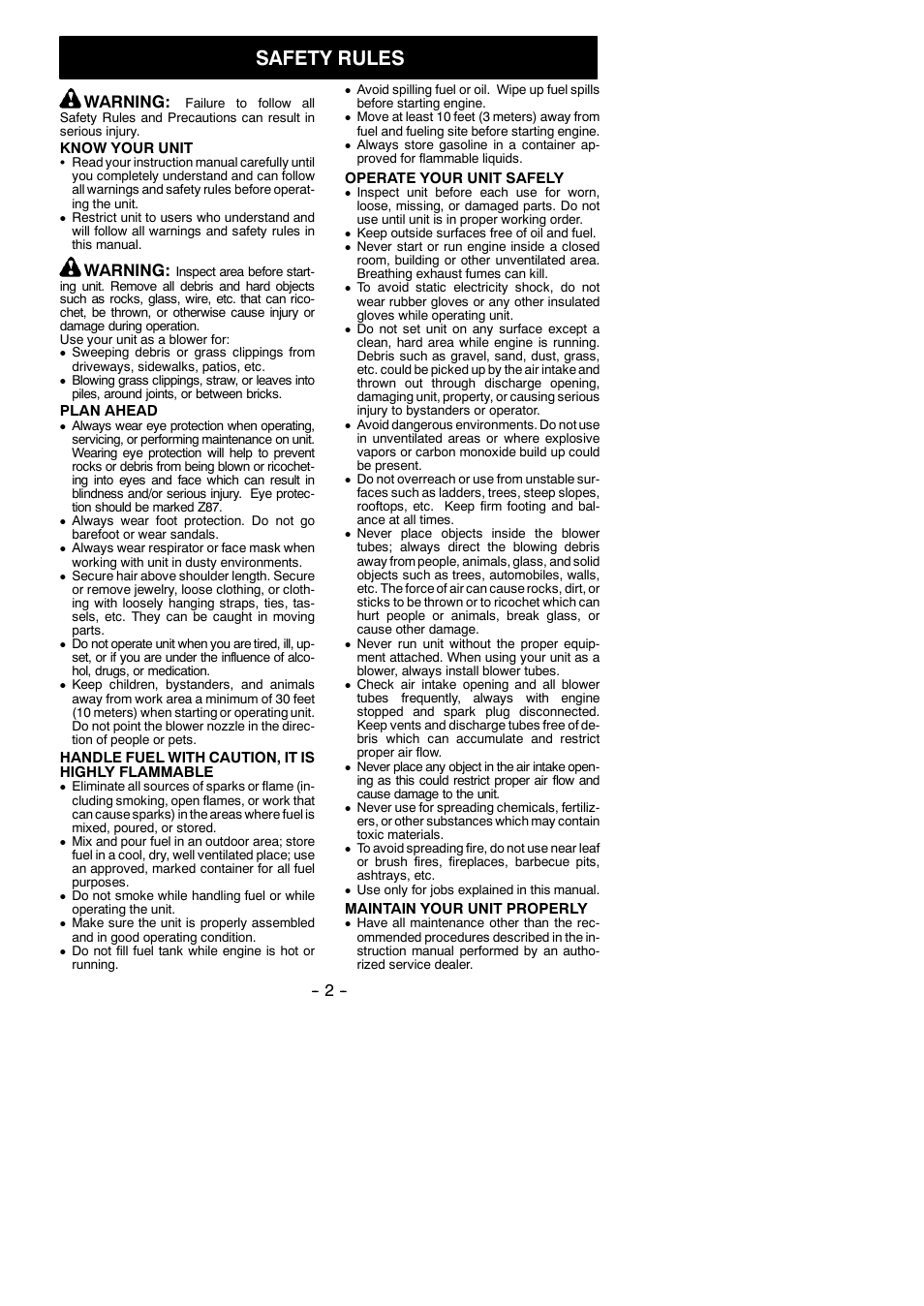 Safety rules, Warning | Poulan 46012-427 User Manual | Page 2 / 9