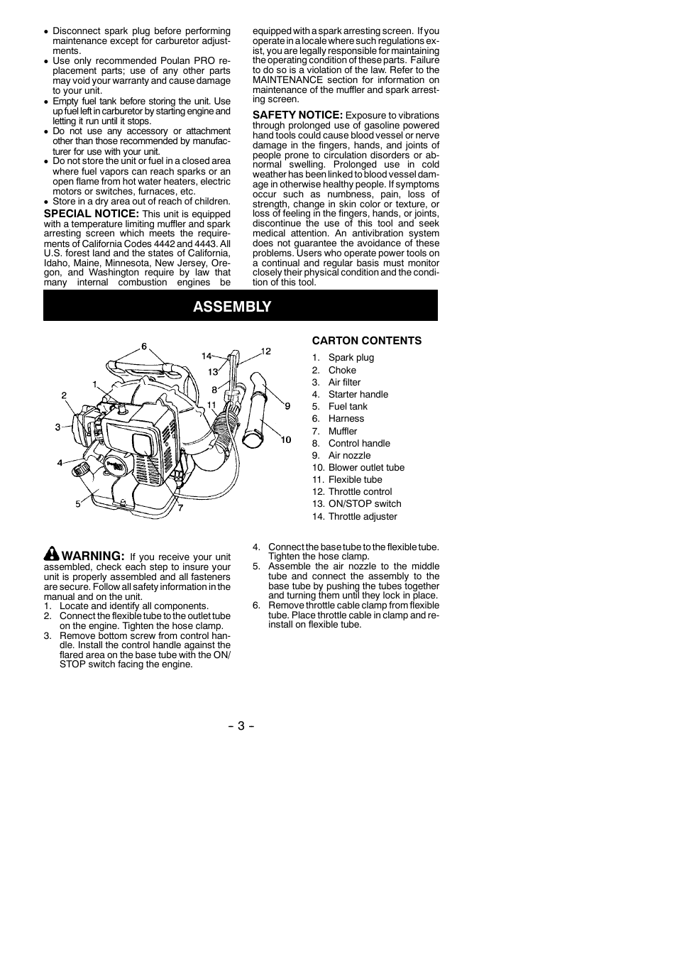 Assembly, Warning | Poulan 46012-427 User Manual | Page 3 / 9