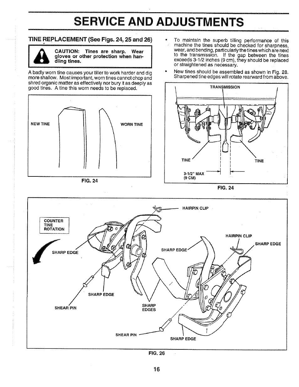 Tine replacement (see figs. 24,25 and 26), Service and adjustments | Poulan HDR500H User Manual | Page 16 / 28