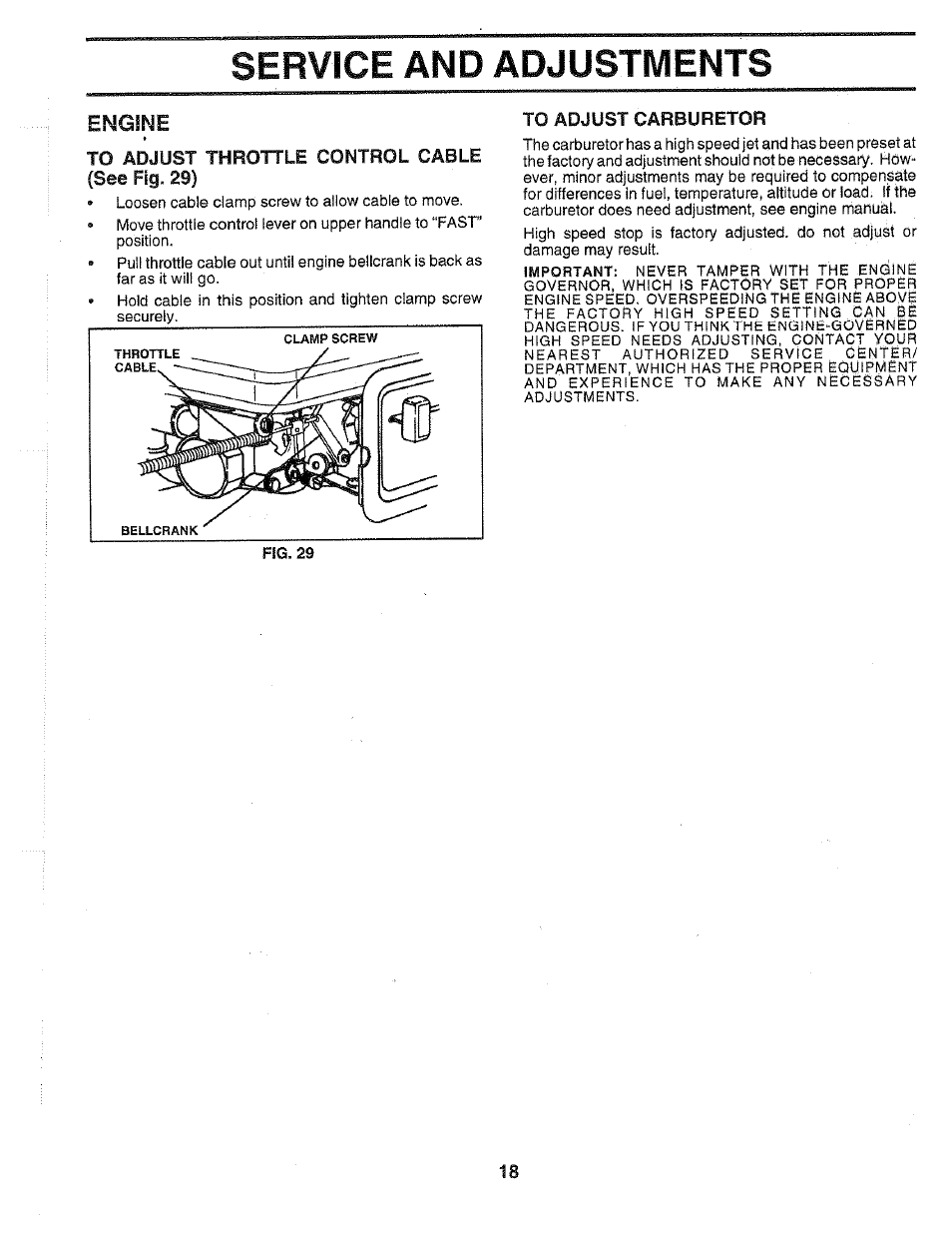 Engine, To adjust throttle control cable, See fig. 29) | To adjust carburetor, Service and adjustments | Poulan HDR500H User Manual | Page 18 / 28