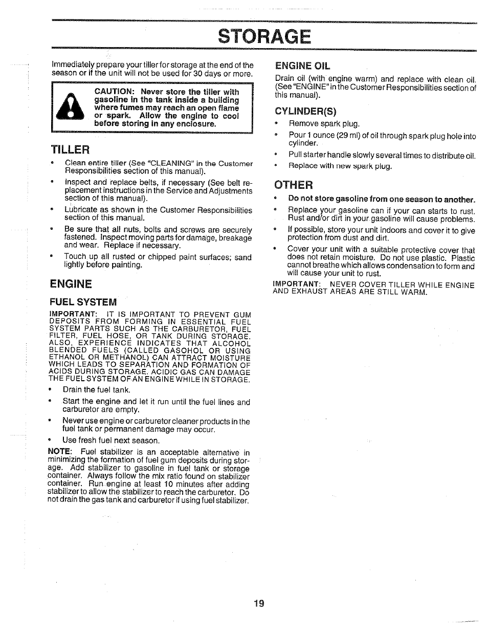 Storage, Tiller, Fuel system | Engine oil, Cyunder(s), Other, Engine | Poulan HDR500H User Manual | Page 19 / 28