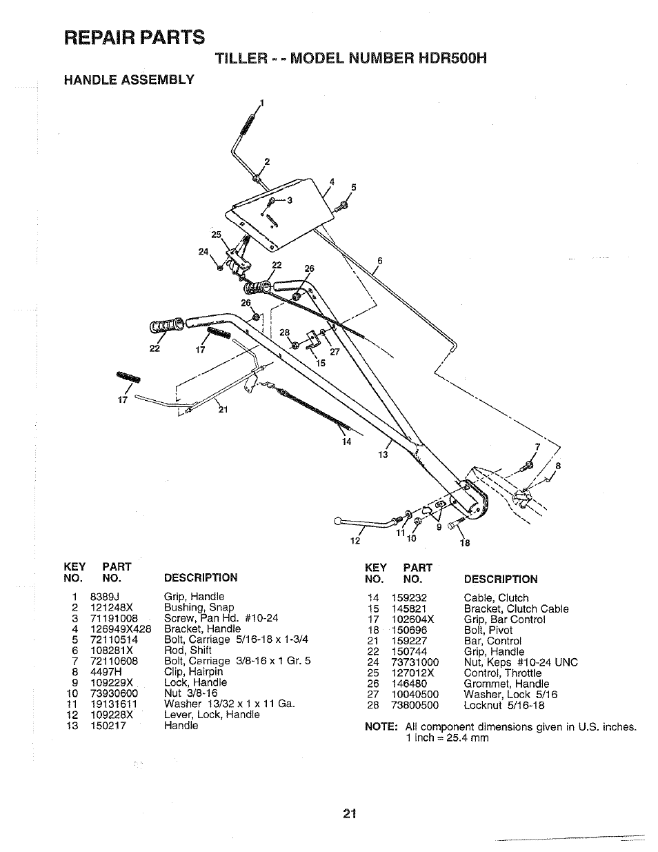 Handle assembly, Repair parts, Tiller » ™ model number hdr50oh | Poulan HDR500H User Manual | Page 21 / 28