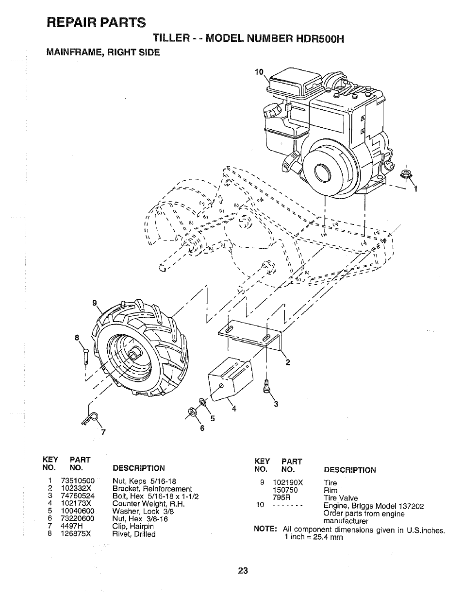 Tiller - - model number hdr500h, Mainframe, right side, Repair parts | Poulan HDR500H User Manual | Page 23 / 28