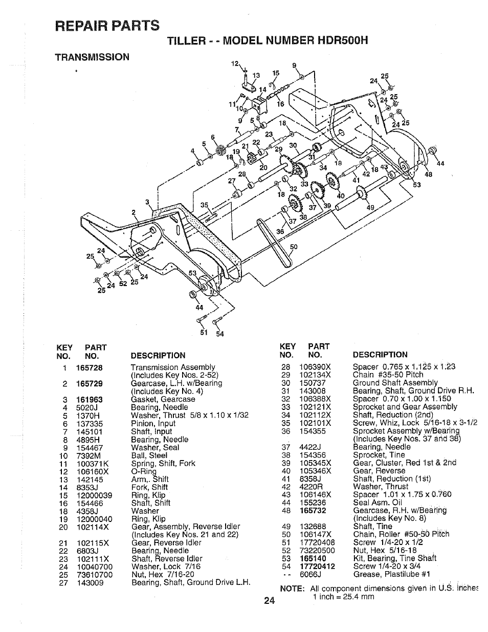 Repair parts, Tiller - - model number hdr500h | Poulan HDR500H User Manual | Page 24 / 28