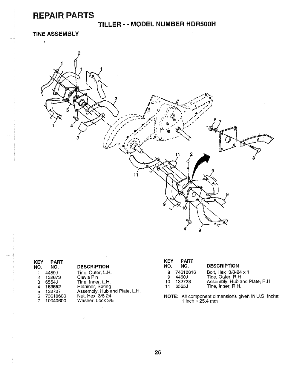 Tine assembly, Repair parts, Tiller - - model number hdr500h | Poulan HDR500H User Manual | Page 26 / 28