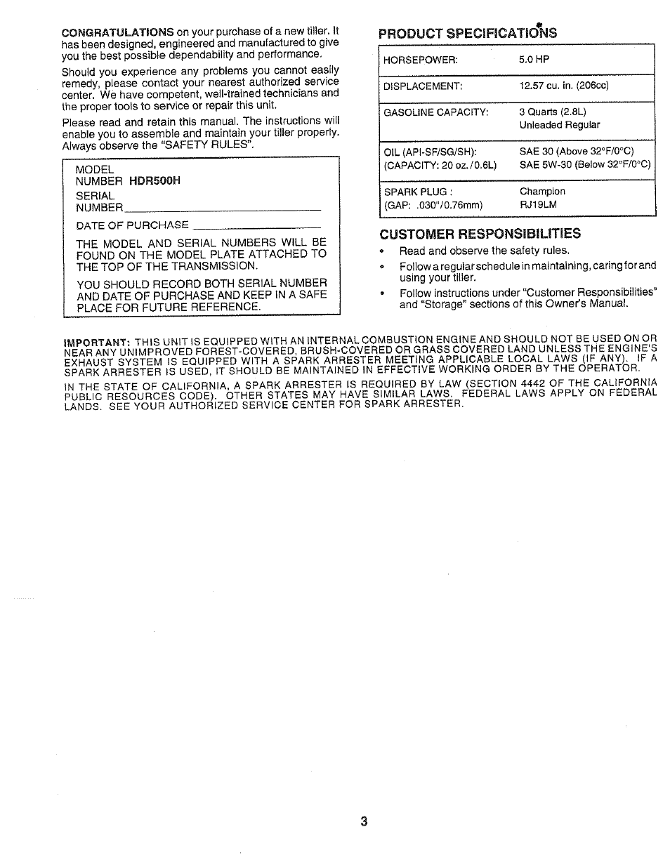 Product sfbcipications, Customer responsibilities, Customer | Poulan HDR500H User Manual | Page 3 / 28