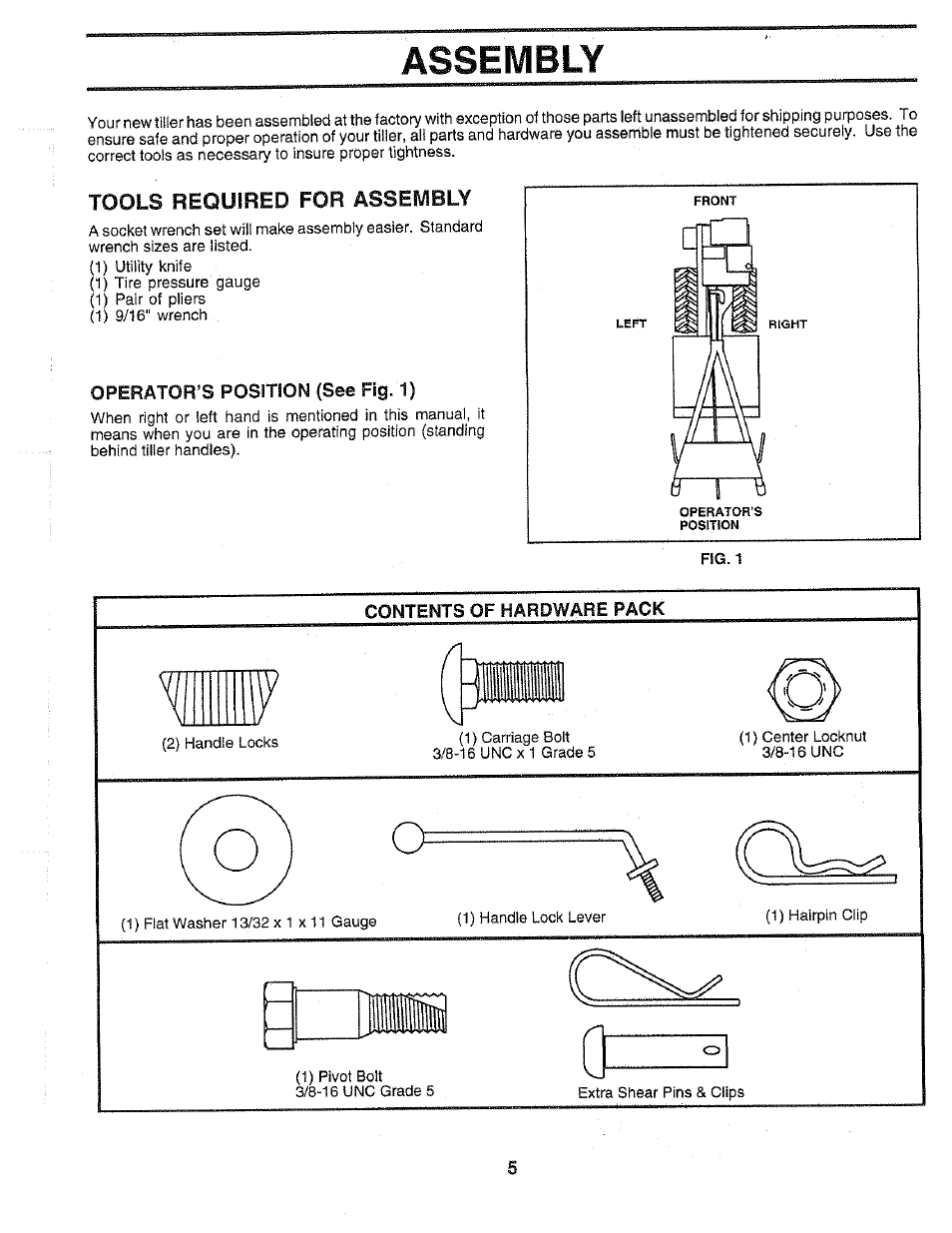 Tools required for assembly, Operator’s position (see fig. 1), Contents of hardware pack | Assembly | Poulan HDR500H User Manual | Page 5 / 28