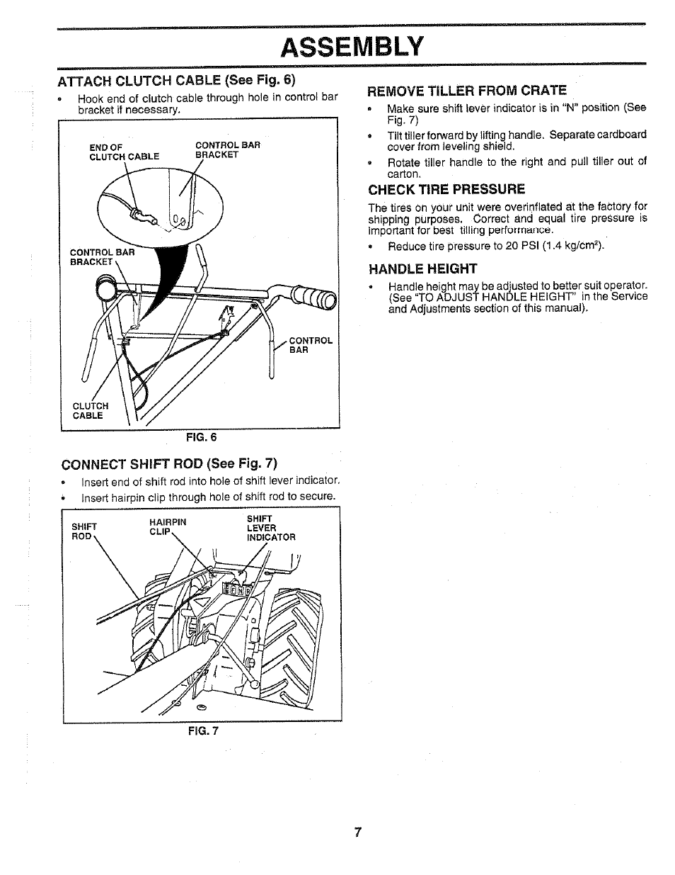 Remove tiller from crate, Check tire pressure, Handle height | Assembly | Poulan HDR500H User Manual | Page 7 / 28