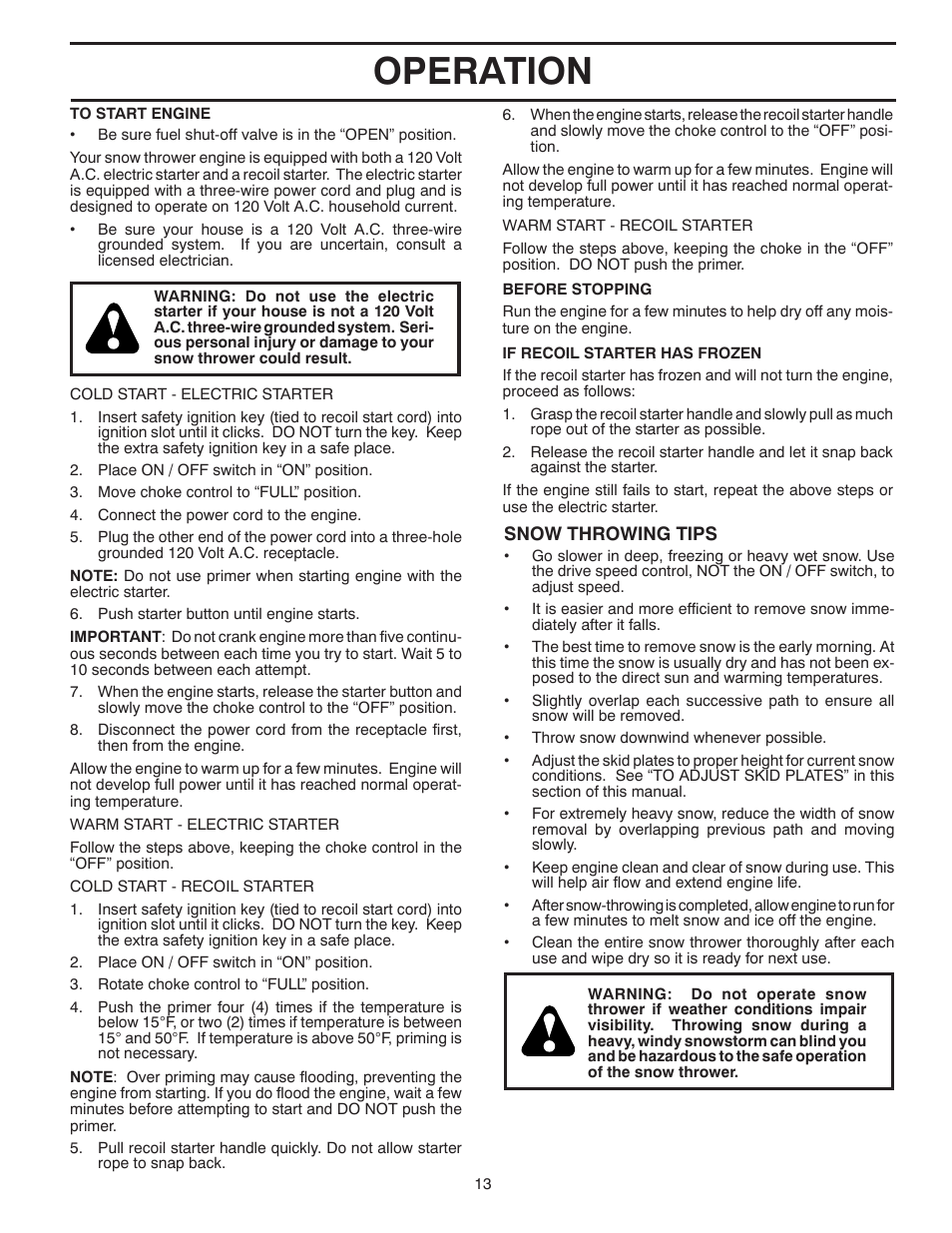 Operation | Poulan Pro PP1330ES SNOW THROWER User Manual | Page 13 / 40