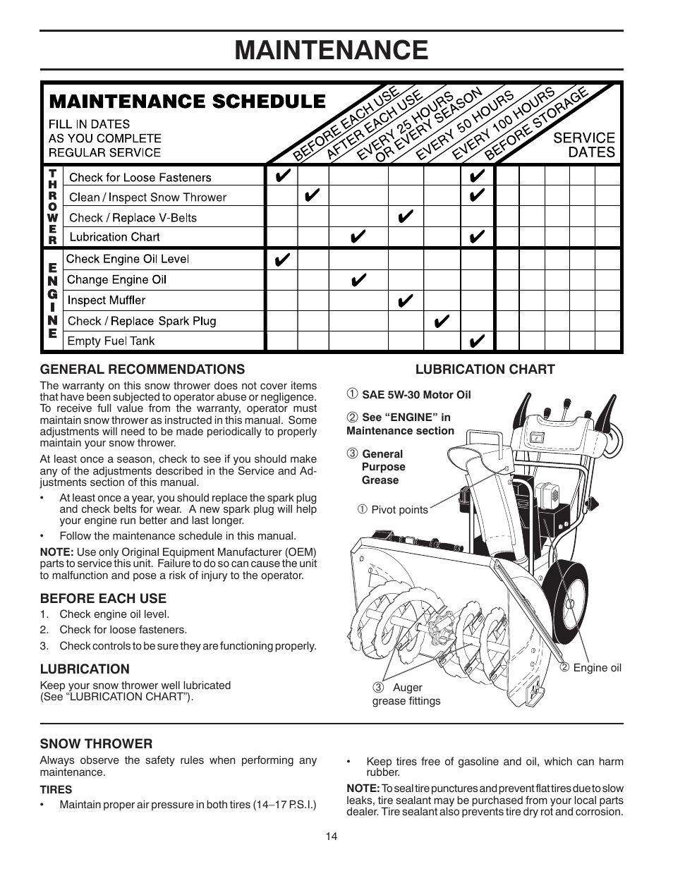 Maintenance | Poulan Pro PP1330ES SNOW THROWER User Manual | Page 14 / 40