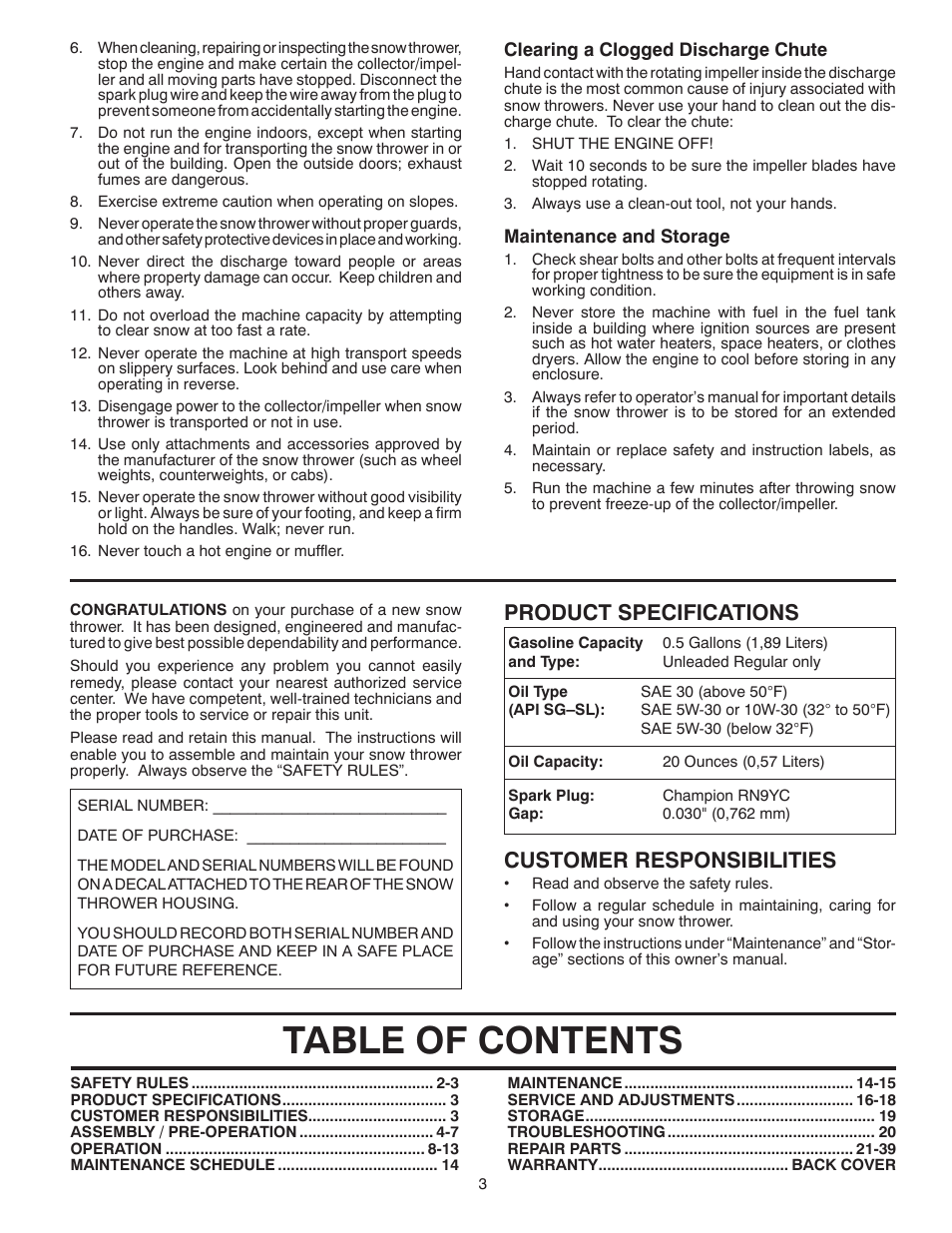 Poulan Pro PP1330ES SNOW THROWER User Manual | Page 3 / 40