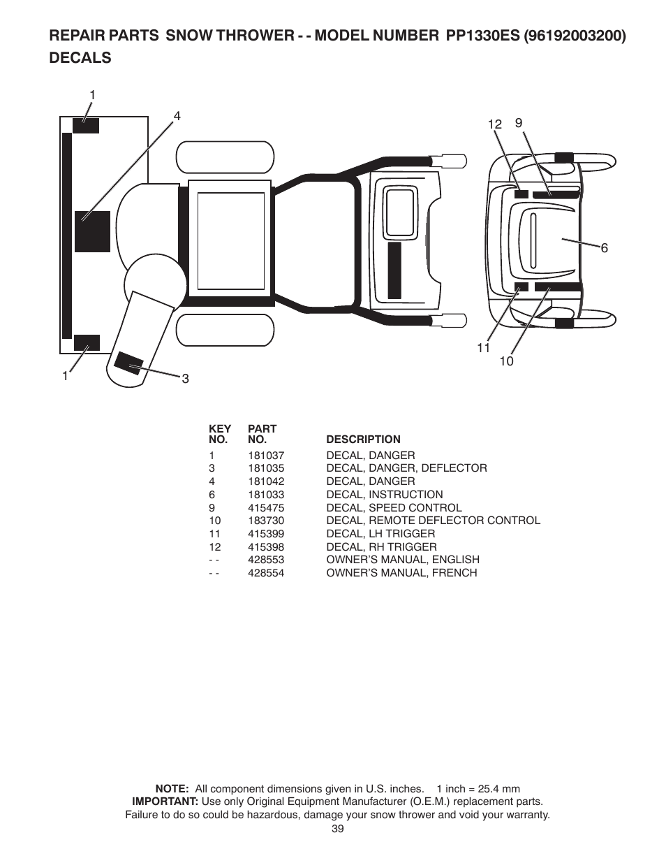 Poulan Pro PP1330ES SNOW THROWER User Manual | Page 39 / 40