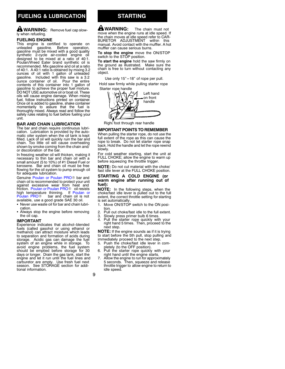 Starting, Fueling & lubrication | Poulan 530088311 User Manual | Page 9 / 17