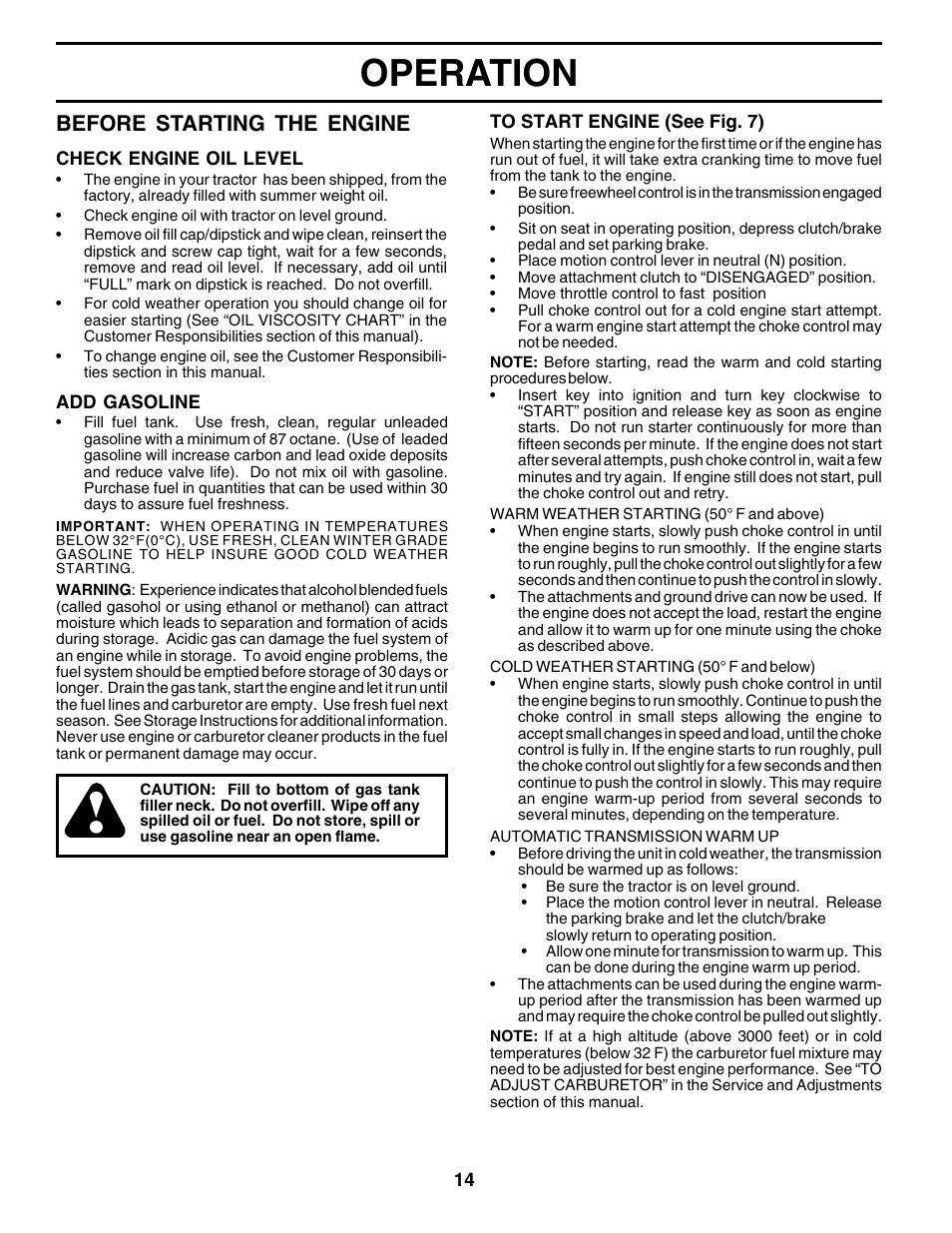 Operation, Before starting the engine | Poulan 178493 User Manual | Page 14 / 52